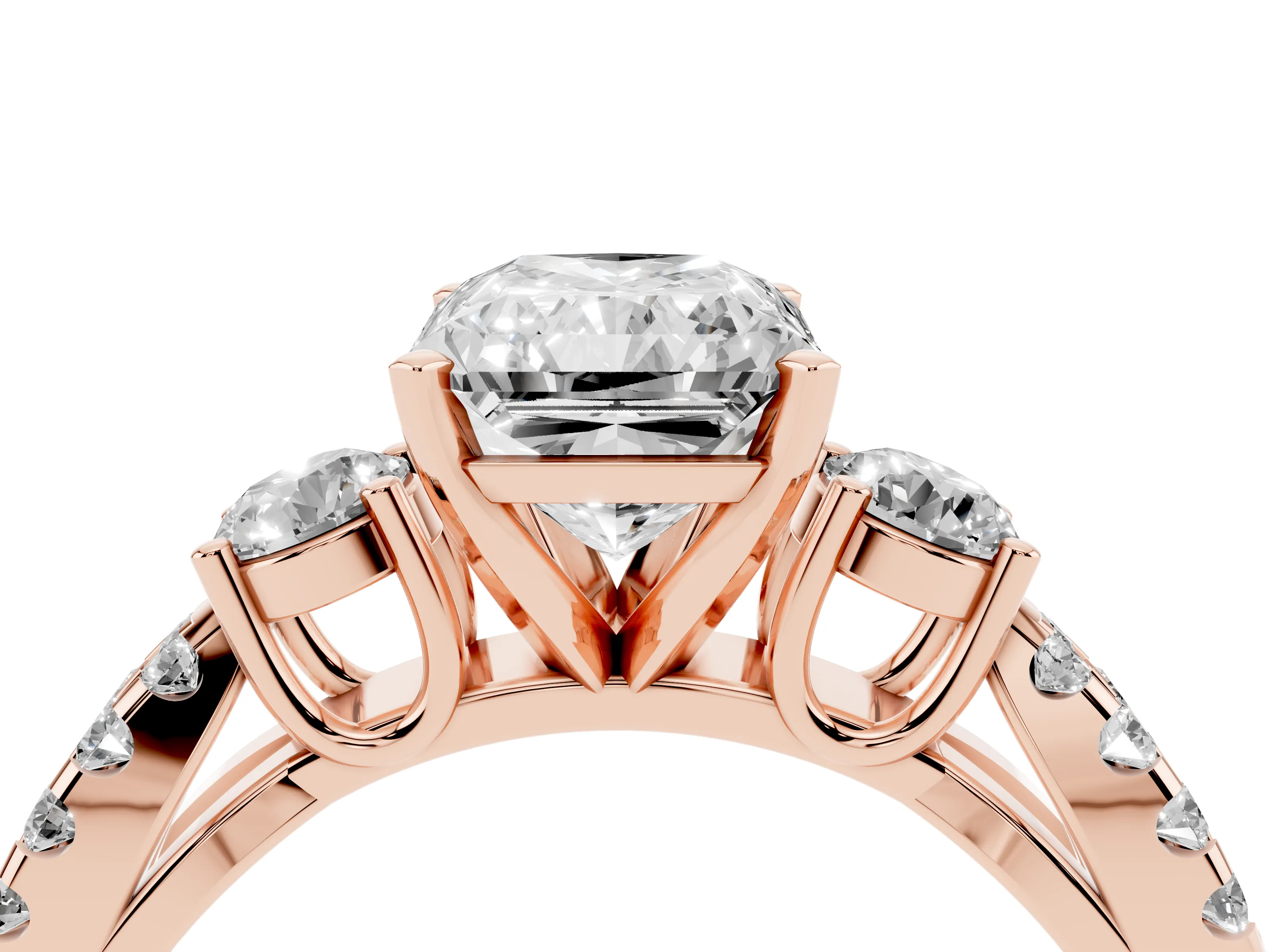 Radiant Cut Diamond Three-Stone Ring Set in Rose gold with Pavé Split Shank and Prong Setting