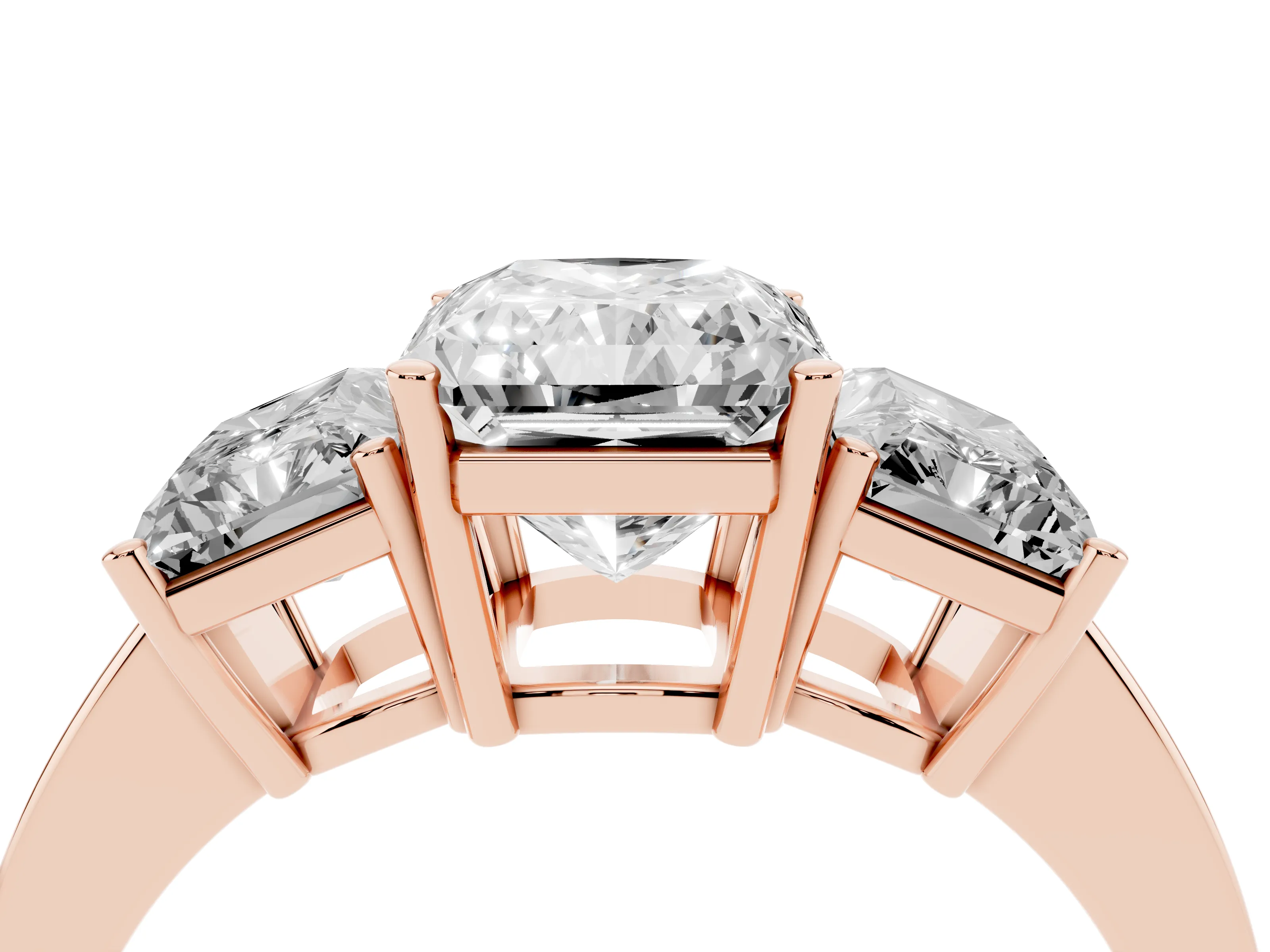 Radiant Cut Diamond Three-Stone Engagement Ring Set in Rose gold with Flat Band
