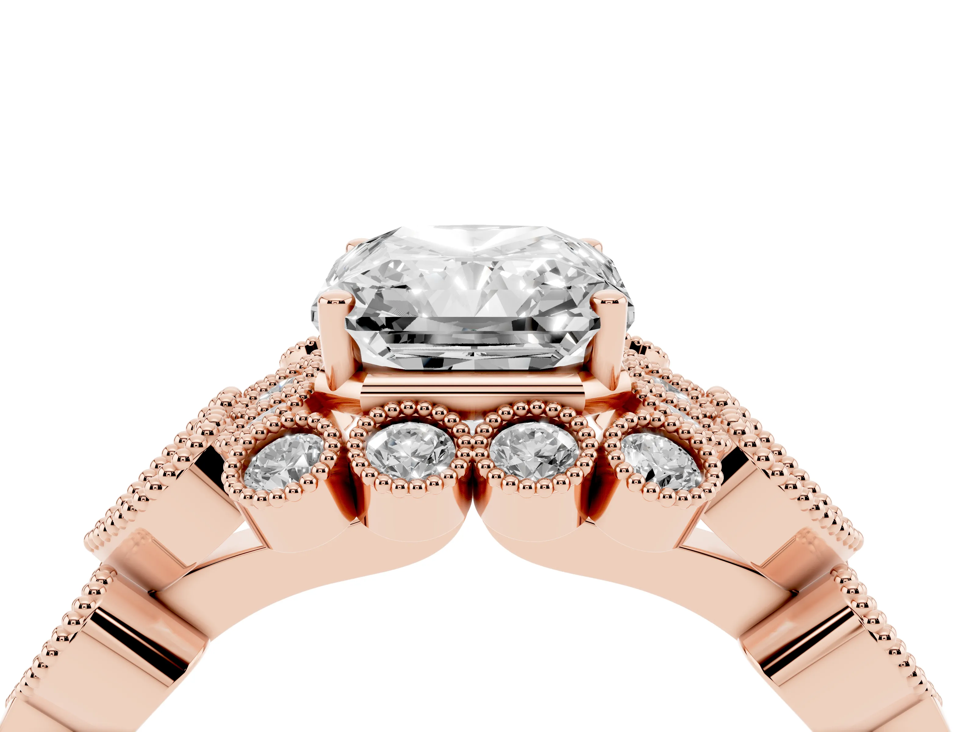 Radiant Cut Diamond Solitaire Ring Set in Rose gold with Milgrain Pavé Heart Band