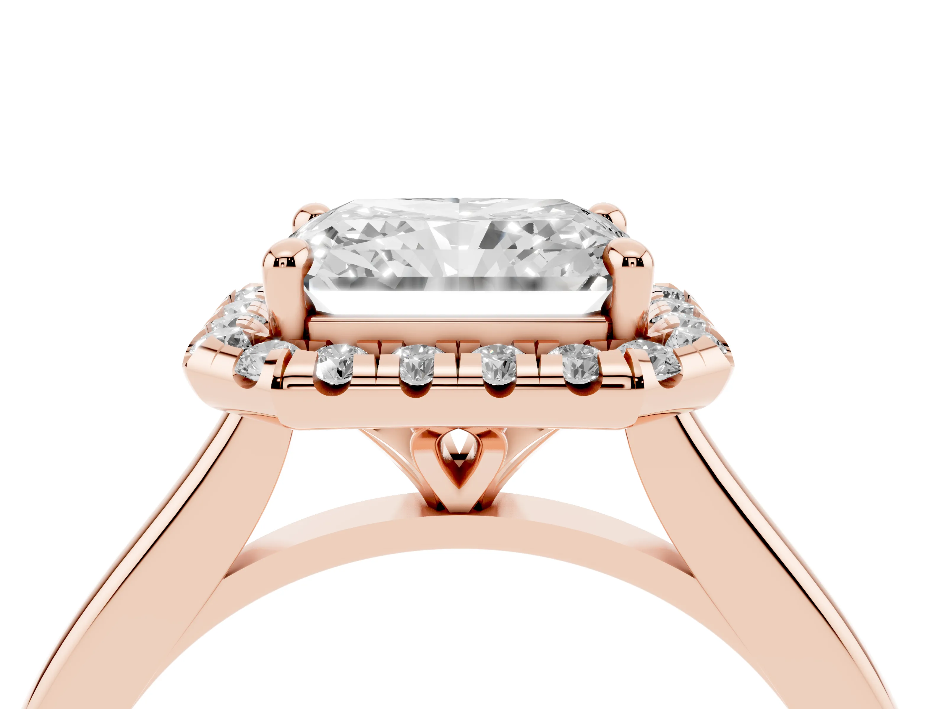 Radiant Cut Diamond Halo Engagement Ring Set in Rose gold with Pavé Band and Rising Shoulders