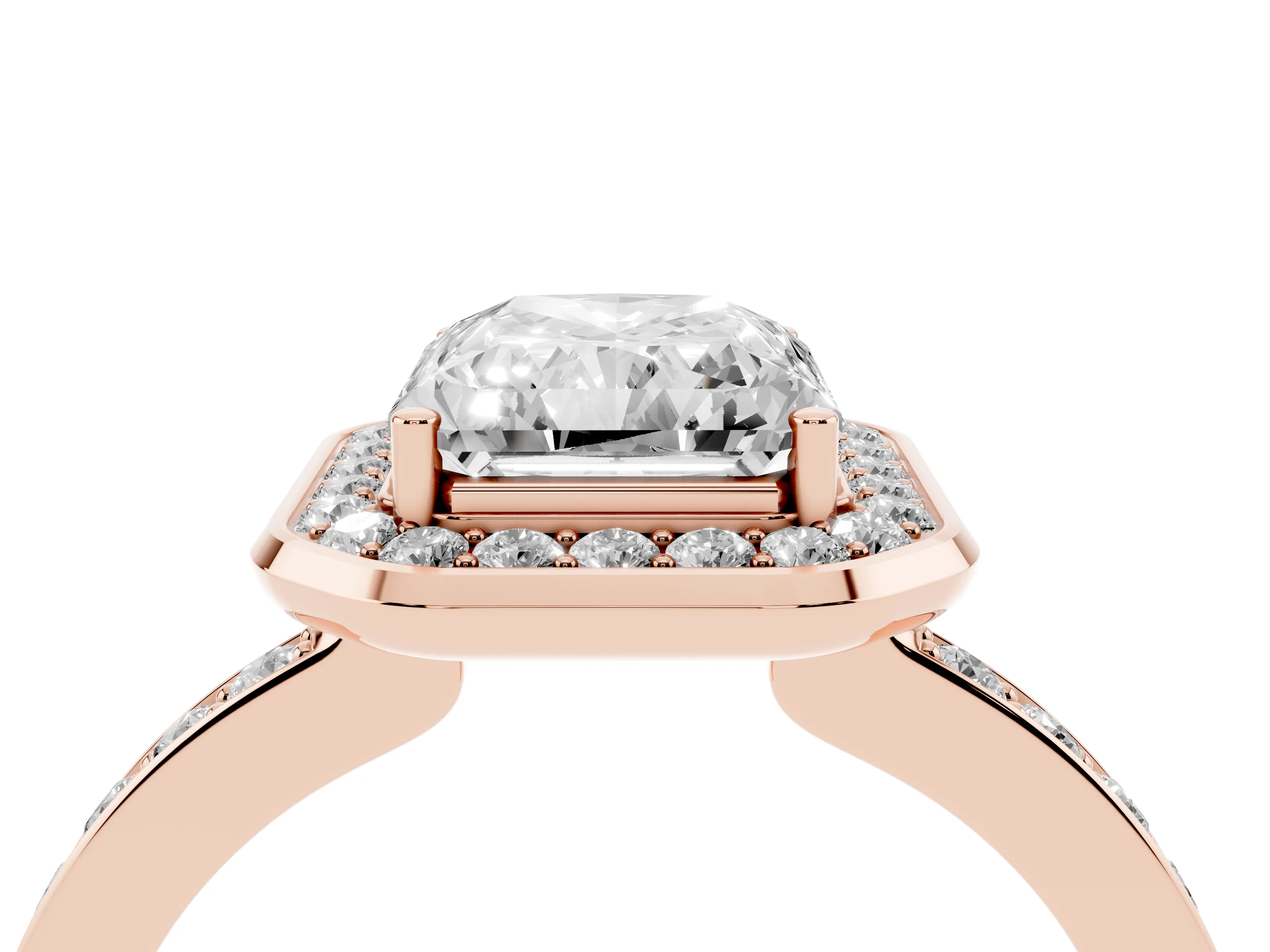 Radiant Cut Diamond Halo Ring Set in Rose gold with Bezel Frame and Pavé Band