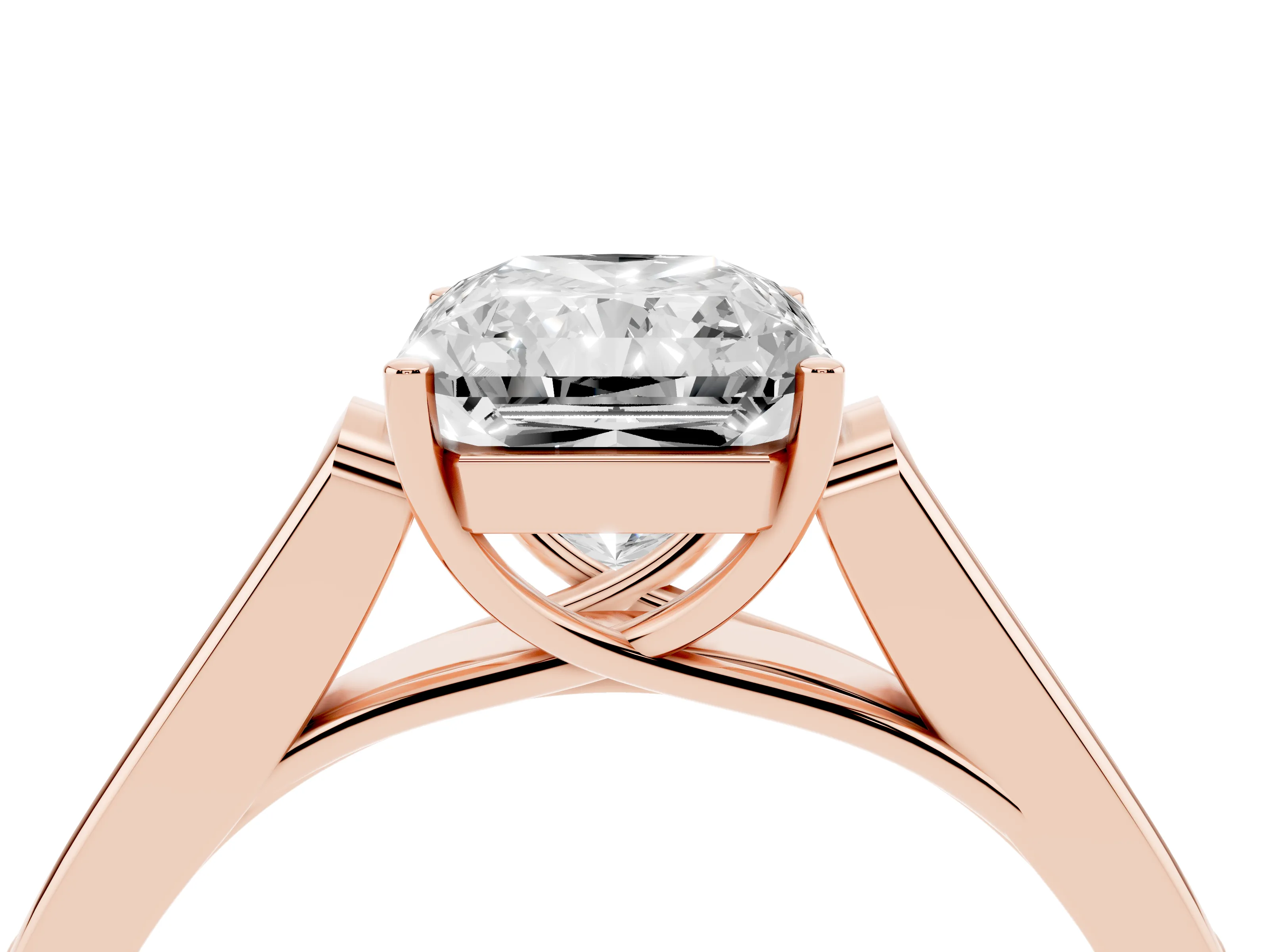 Radiant Cut Diamond Solitaire Cathedral Engagement Ring Set in Rose gold with Channel-Set Band and Prong Setting