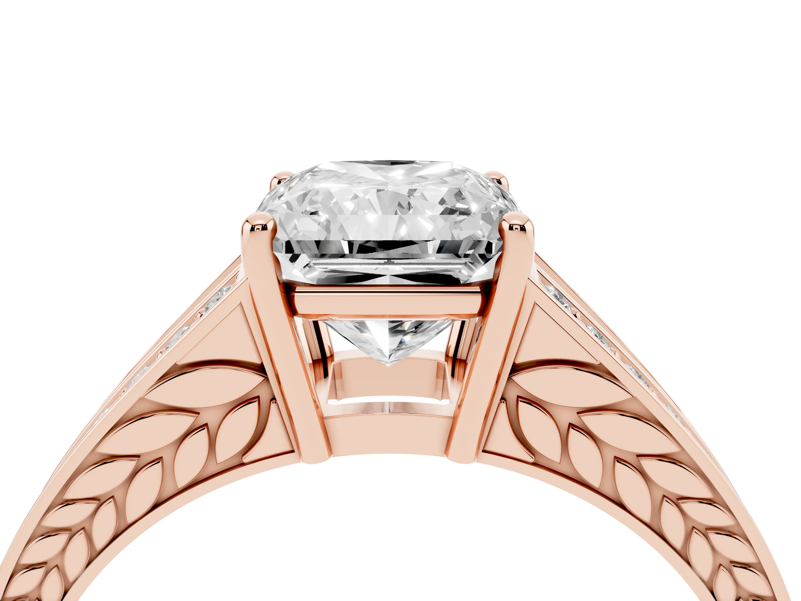 Radiant Cut Diamond Split Shank Ring Set in Rose gold with Pavé Band and Prong Setting