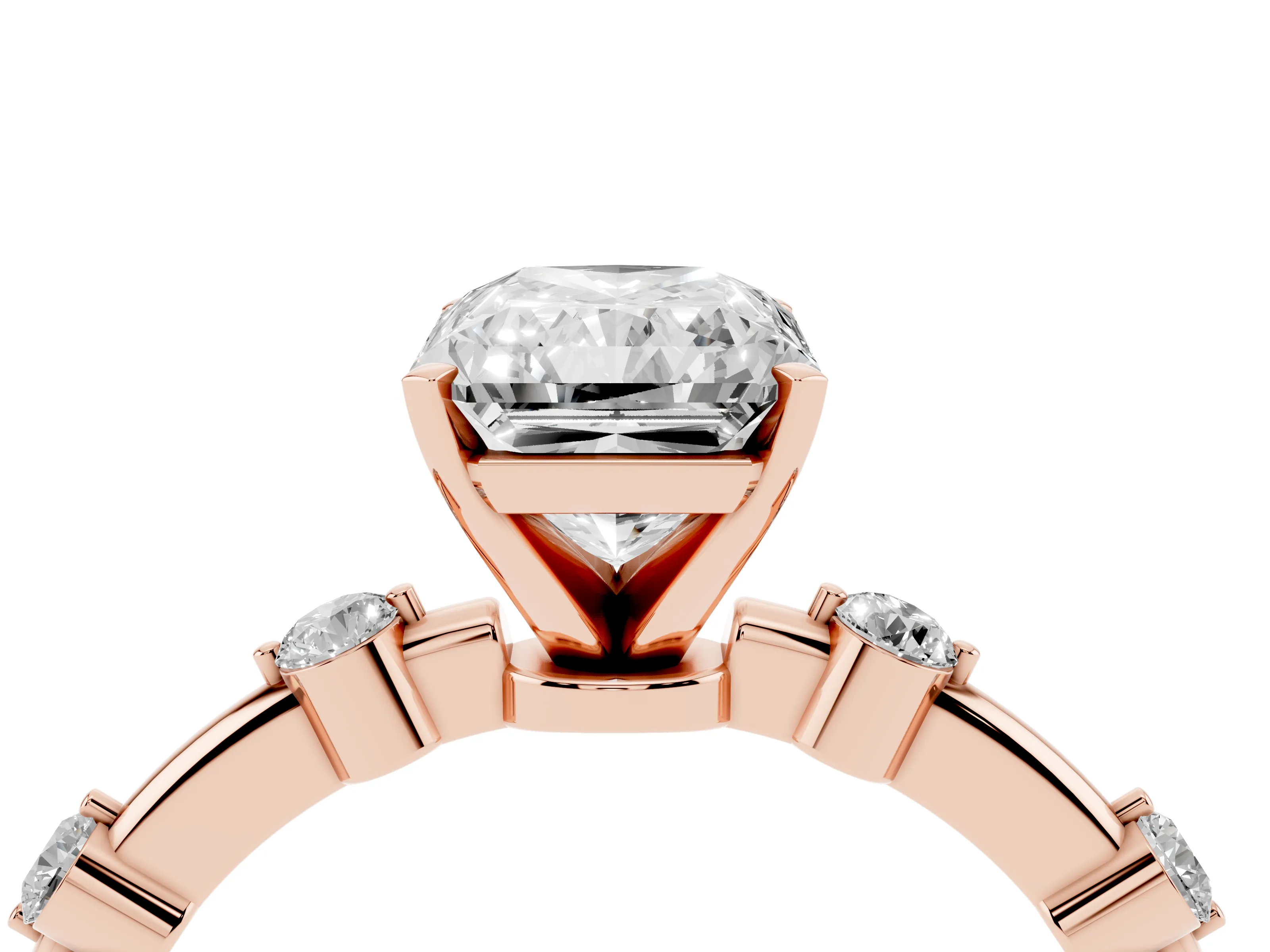 Radiant Cut Diamond Solitaire Ring Set in Rose gold with Bezel Set Side Stones and Prong Setting