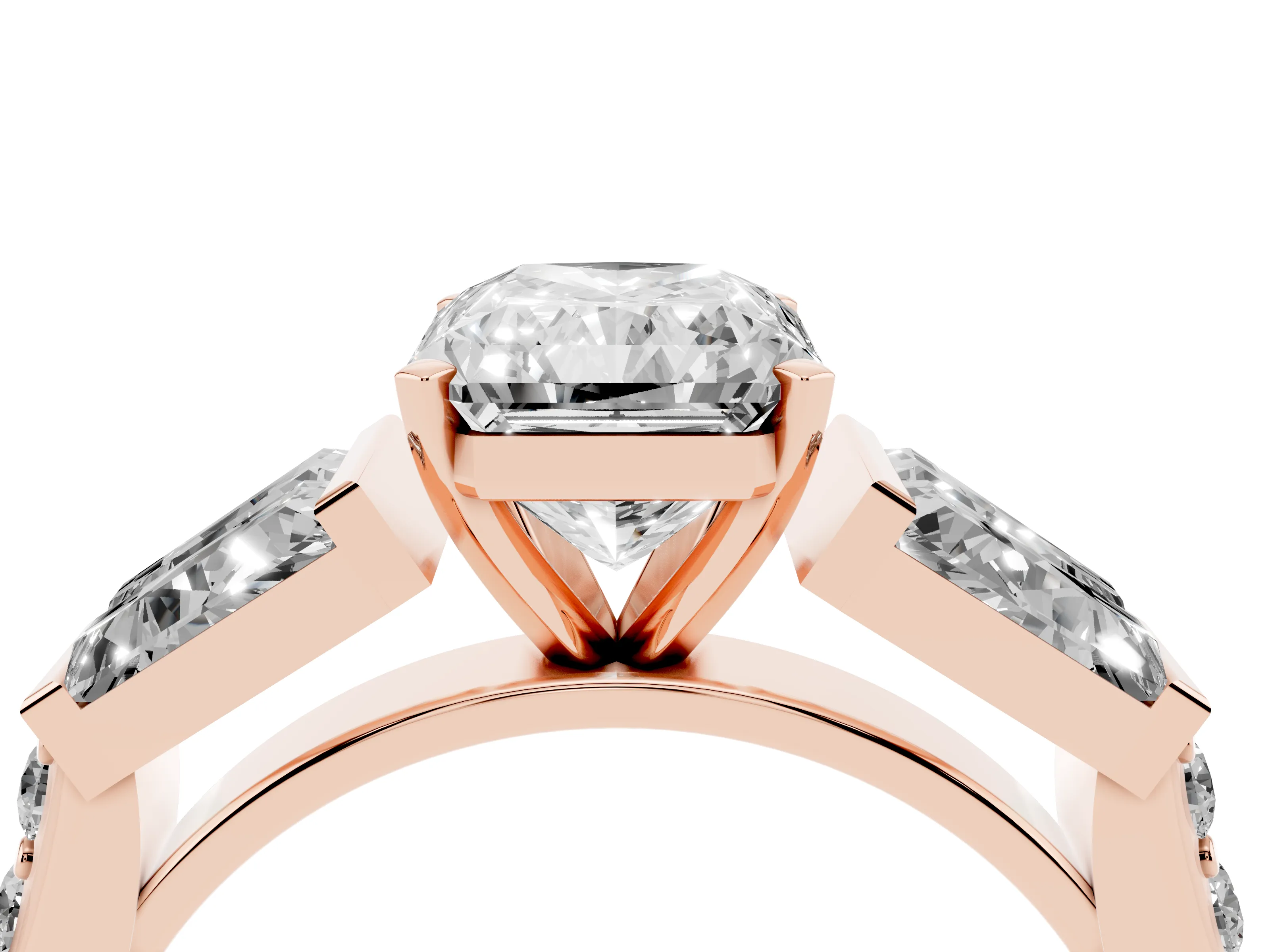 Radiant Cut Diamond Engagement Ring Set in Rose gold with Baguette Side Stones and Channel Set Band