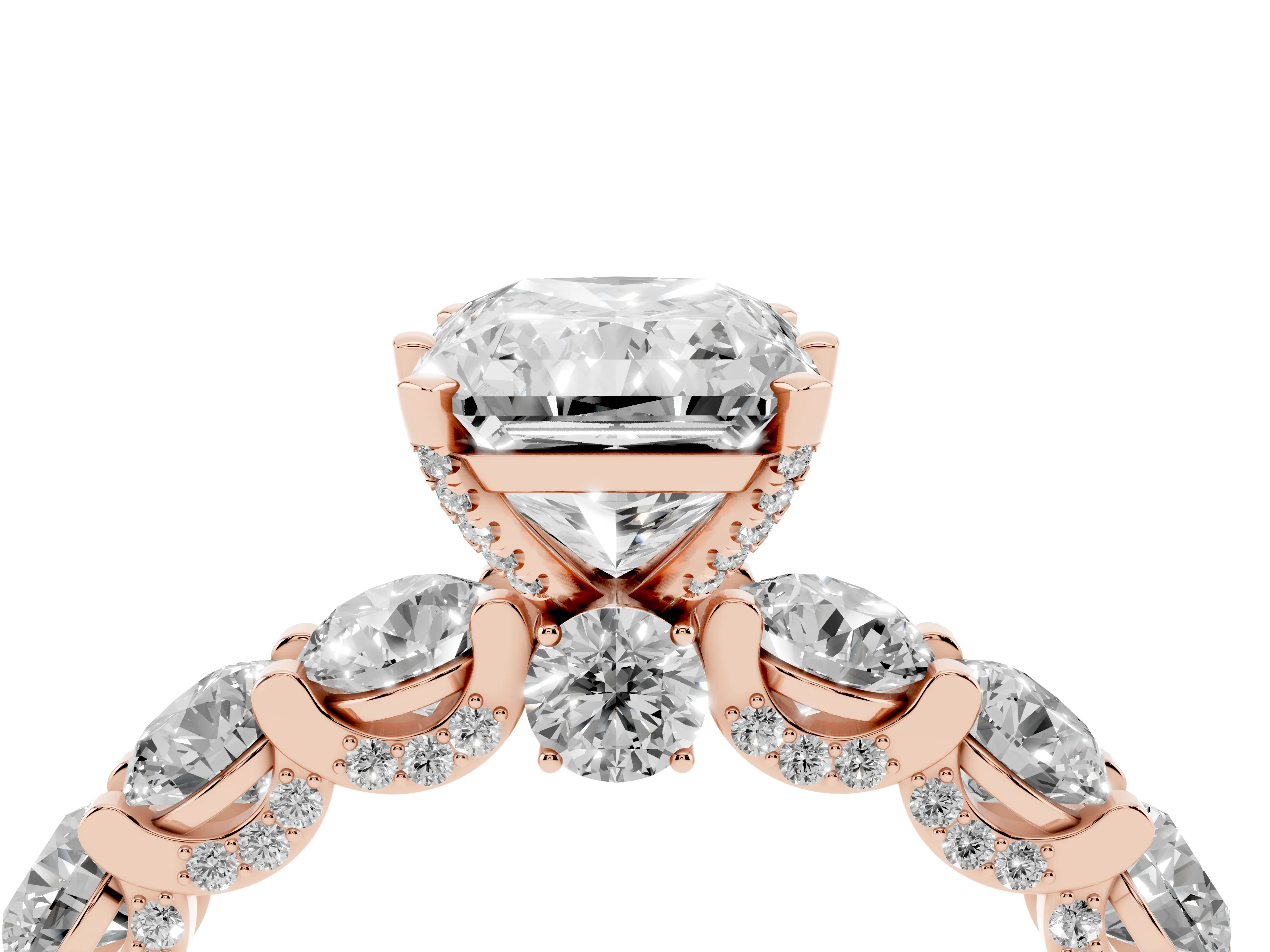 Radiant Cut Diamond Side Stone Ring Set in Rose gold with Alternating Round and Oval Side Stones
