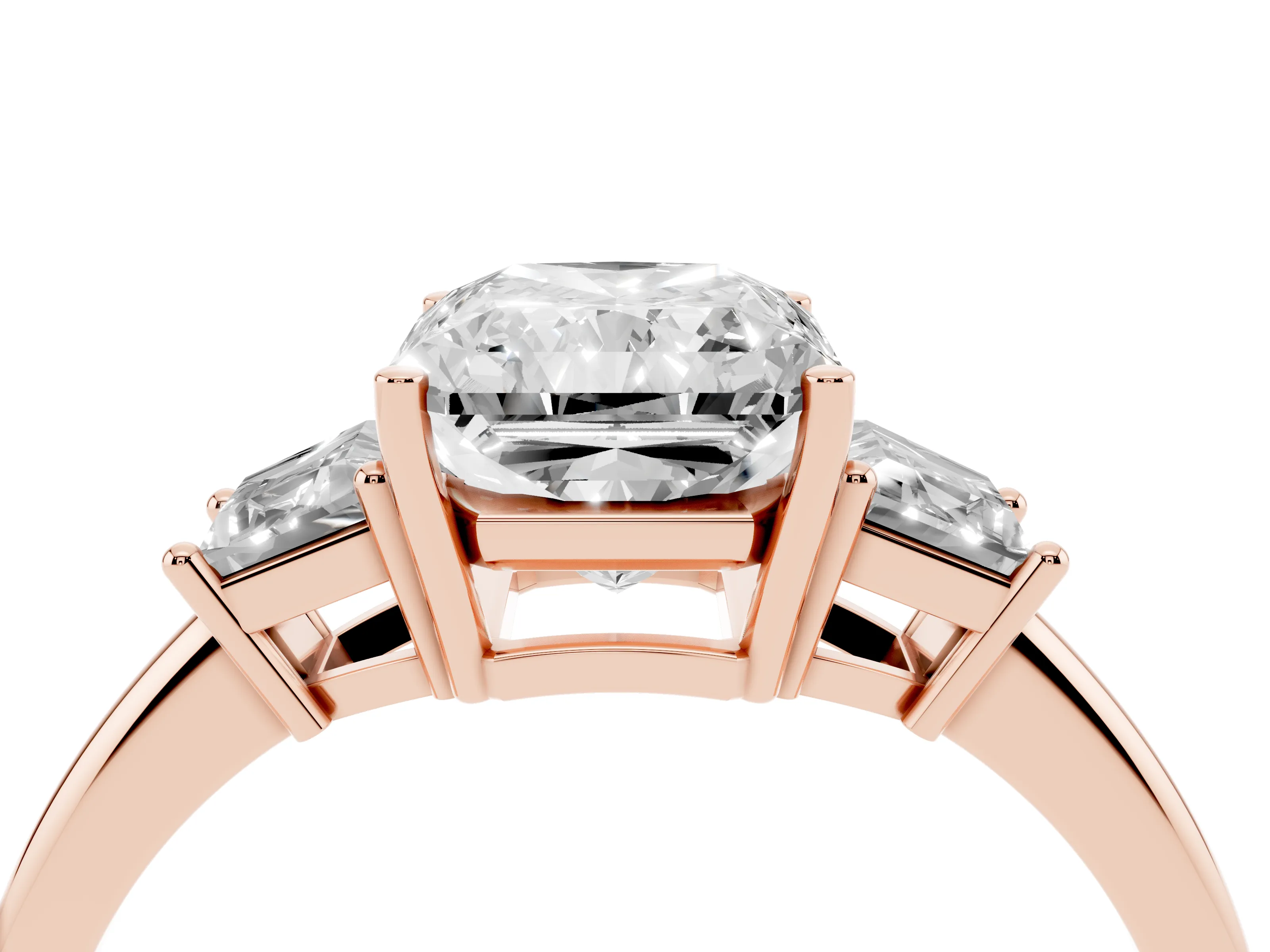 Radiant Cut Diamond Three-Stone Ring Set in Rose gold with Trapezoid Side Stones and Prong Setting