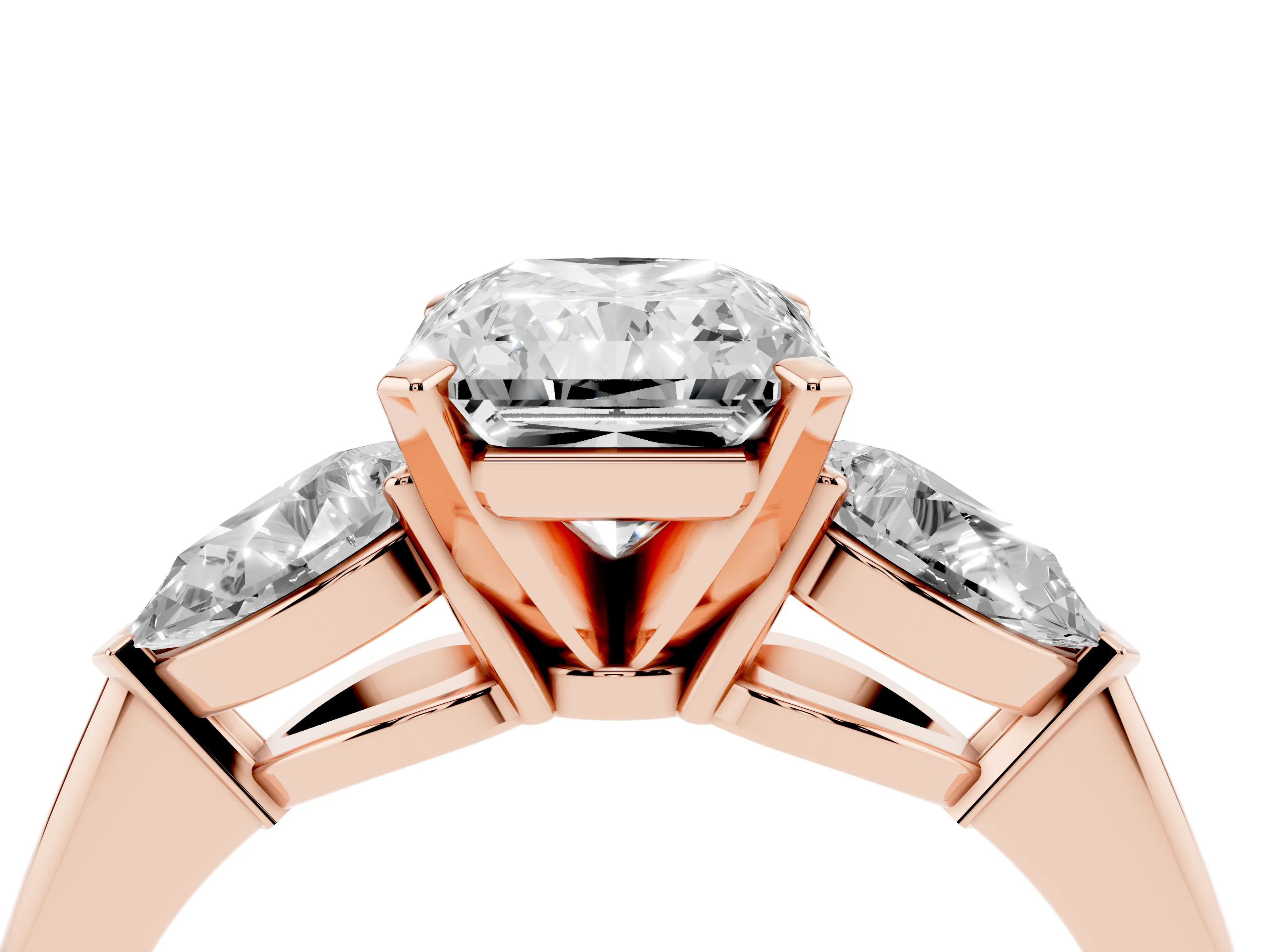 Three-Stone Radiant Cut Diamond Ring Set in Rose gold with Pear Side Stones and Prong Setting