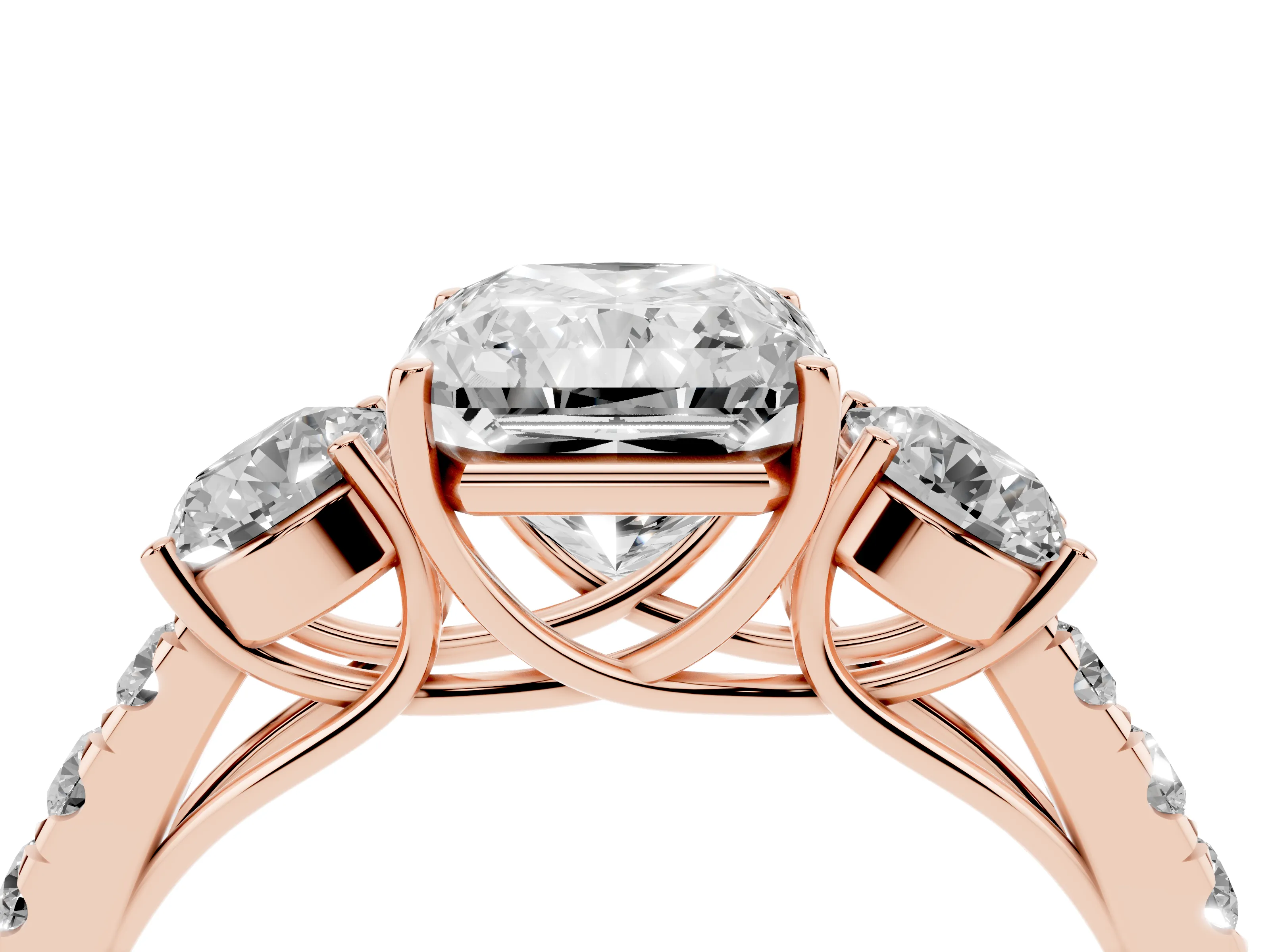 Radiant Cut Diamond Three-Stone Ring Set in Rose gold with Round Side Stones and Delicate Pavé Band
