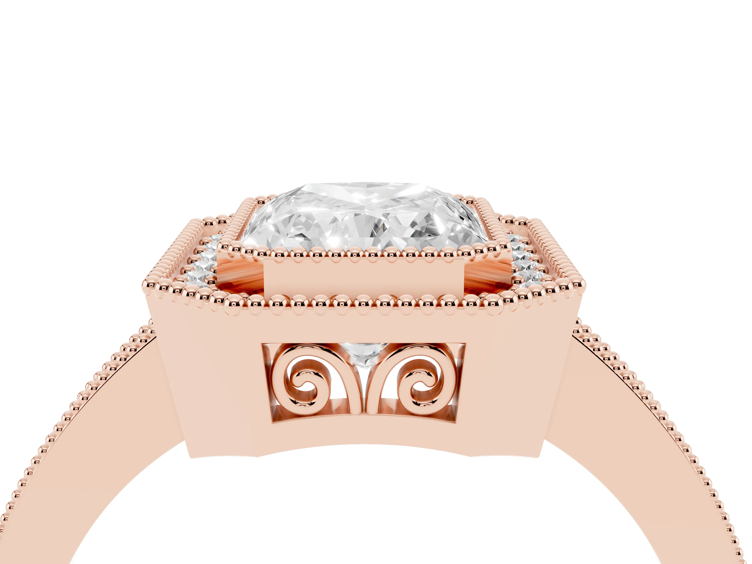 Radiant Cut Diamond Halo Ring Set in Rose gold with Pavé Band and Milgrain-Edged Prongs