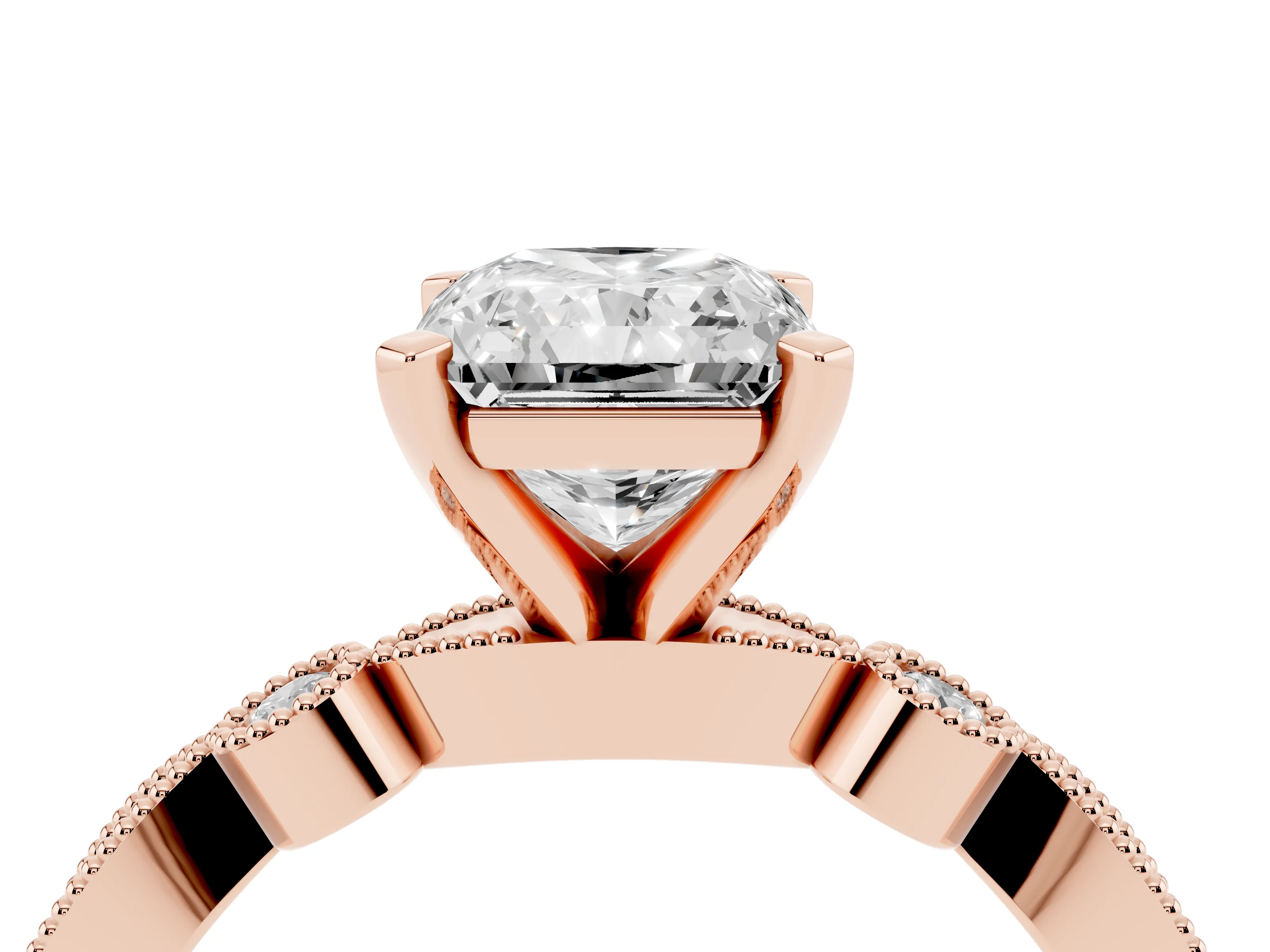 Radiant Cut Diamond Solitaire Engagement Ring Set in Rose gold with Milgrain Bezel Accent Band