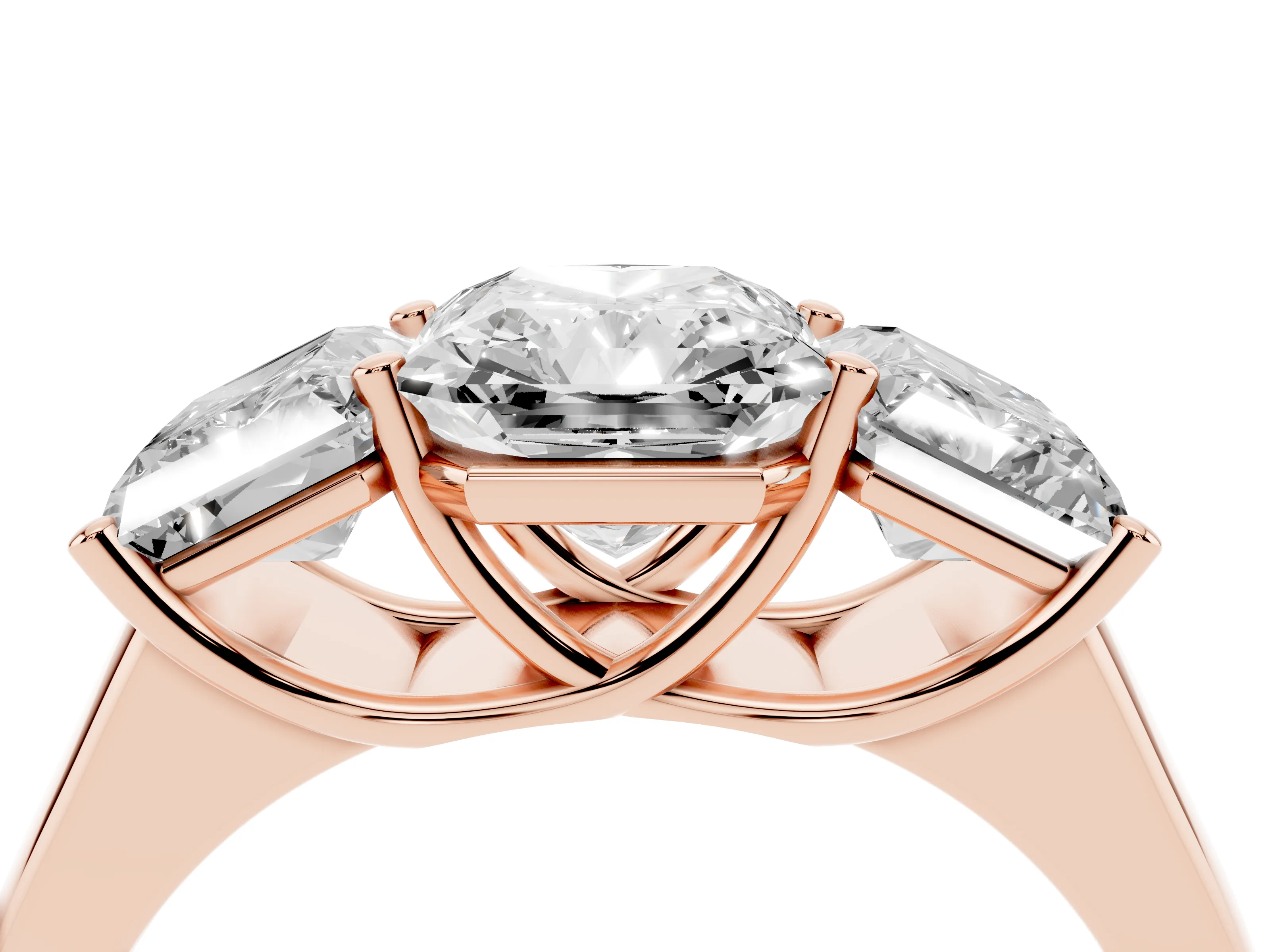 Radiant Cut Diamond Three-Stone Ring Set in Rose gold with Plain Polished Band