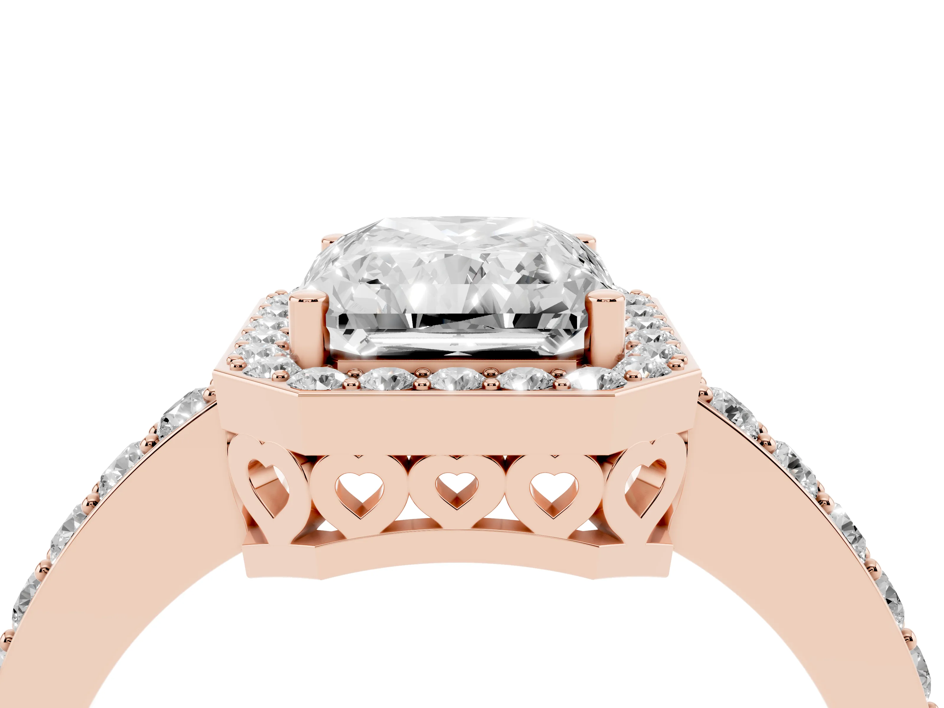Radiant Cut Diamond Halo Ring Set in Rose gold with Pavé-Setting Band and Open Prong Center