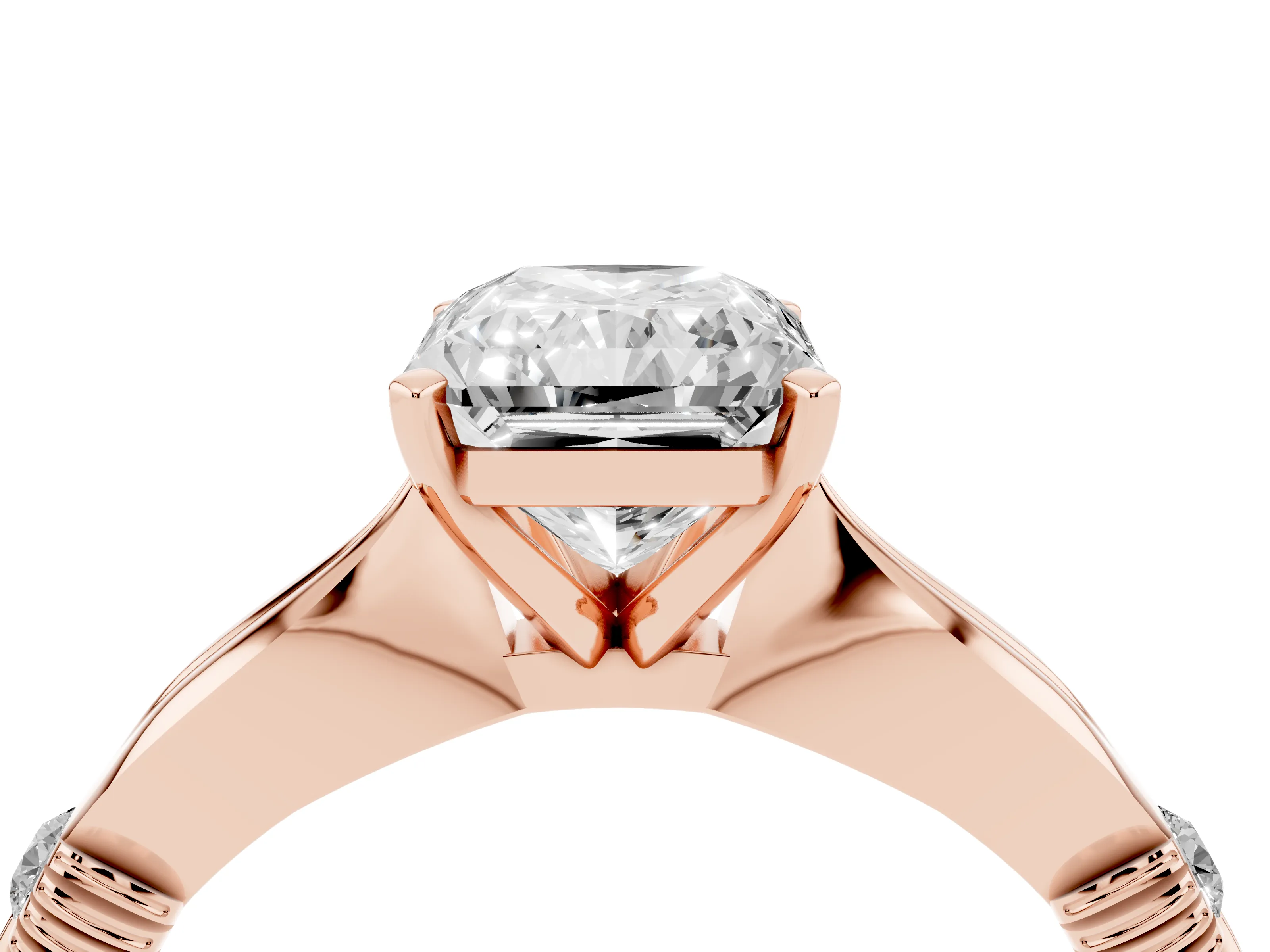 Radiant Cut Diamond Solitaire Twisted Band Ring Set in Rose gold with Accent Stones and Prong Setting