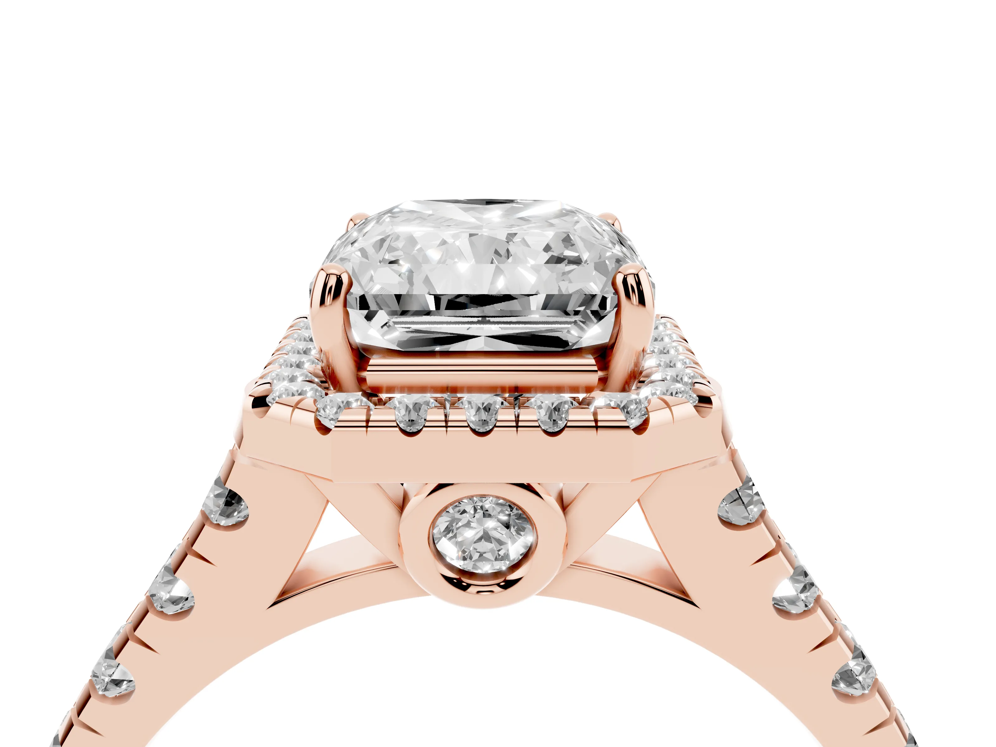 Radiant Cut Diamond Halo Engagement Ring Set in Rose gold with Pavé Band and Prong-Set Center