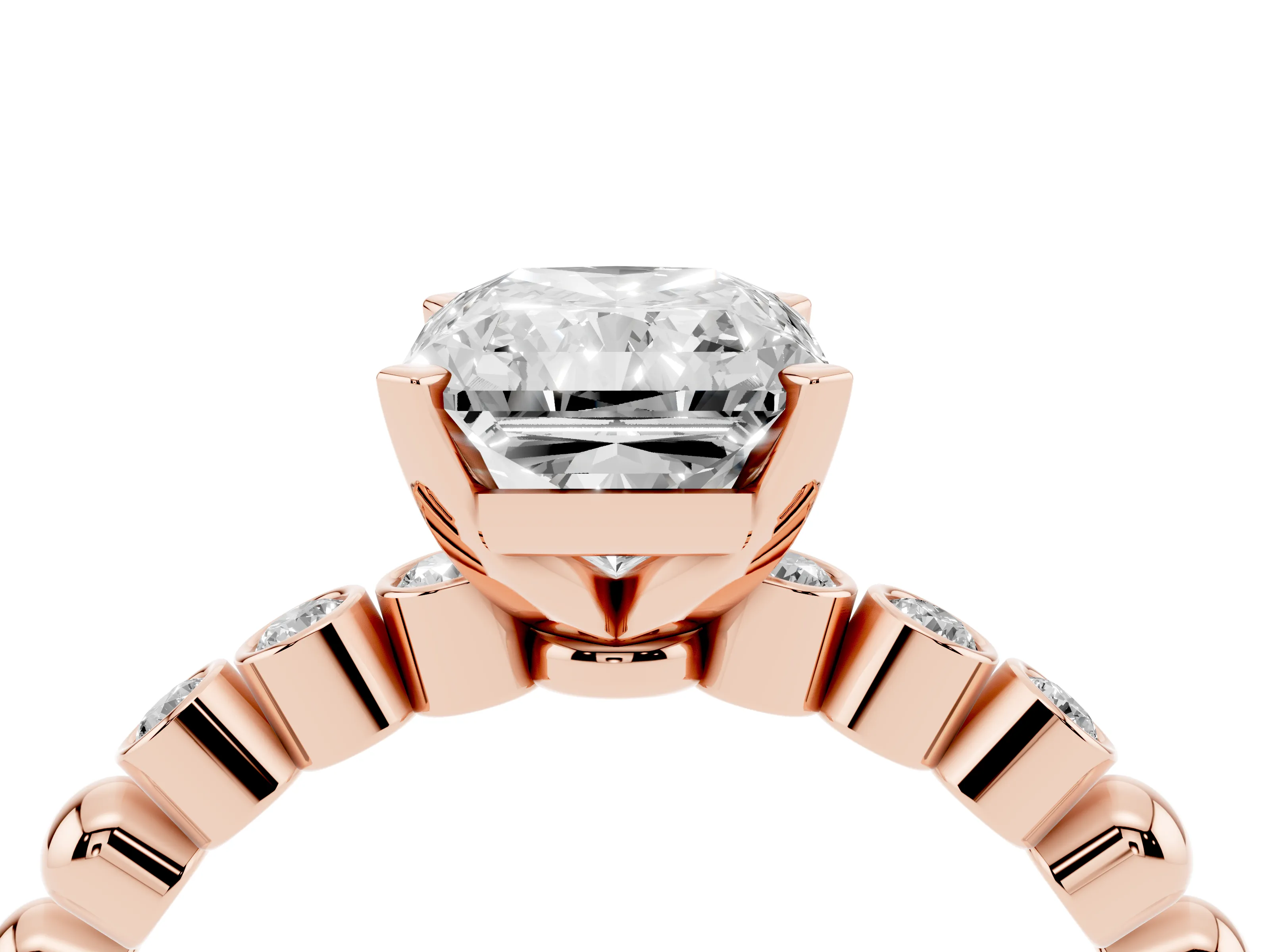Radiant Cut Diamond Solitaire Engagement Ring Set in Rose gold with Bezel Accents on Beaded Band