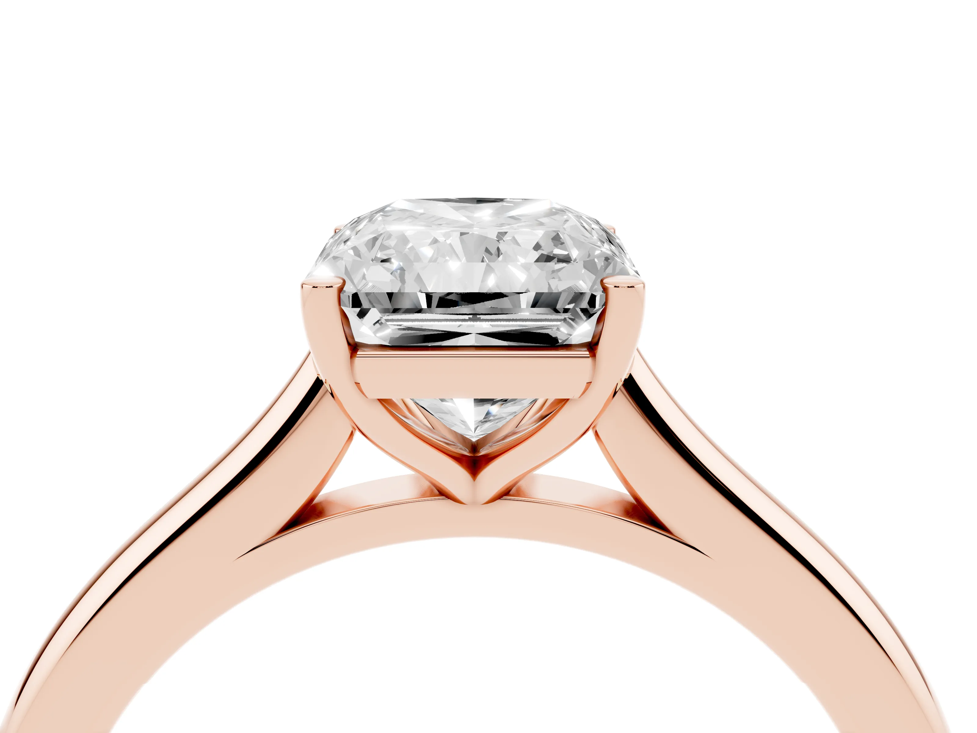 Radiant Cut Diamond Solitaire Ring Set in Rose gold with Cathedral Band and Prong Setting