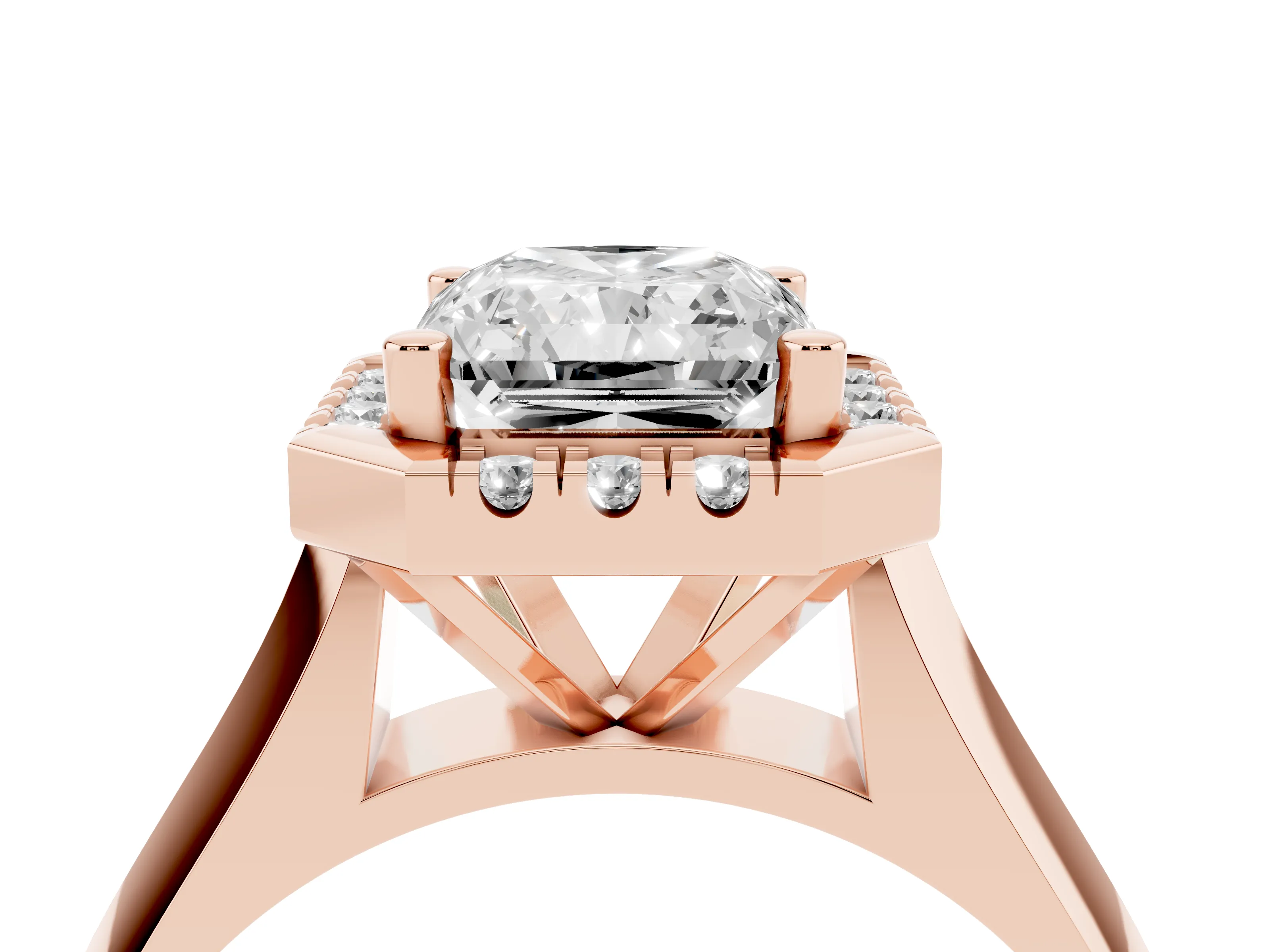 Radiant Cut Diamond Halo Solitaire Engagement Ring Set in Rose gold with Square Band and Prong Setting