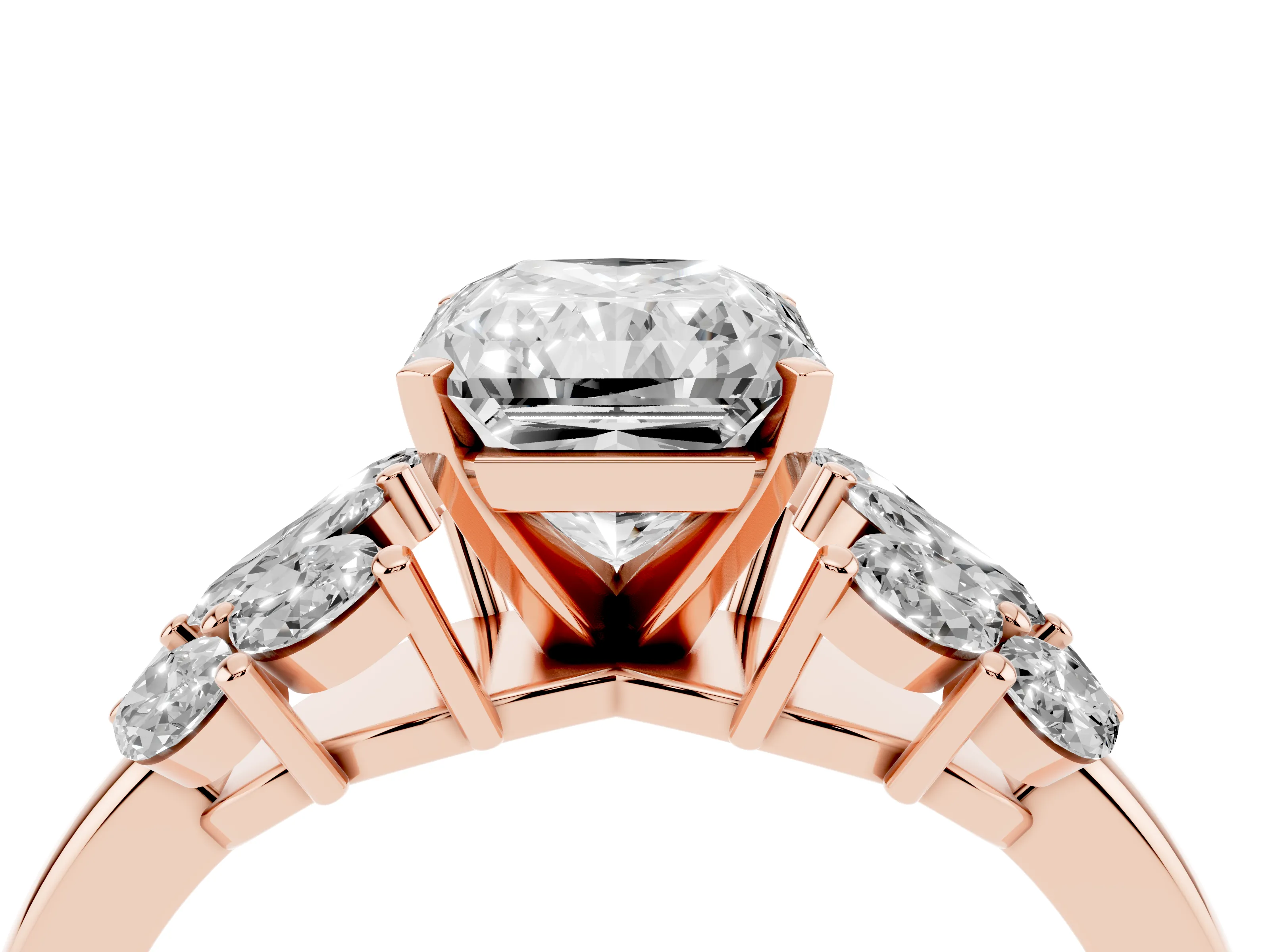Radiant Cut Diamond Cluster Leaf Design Ring Set in Rose gold with Prong Setting
