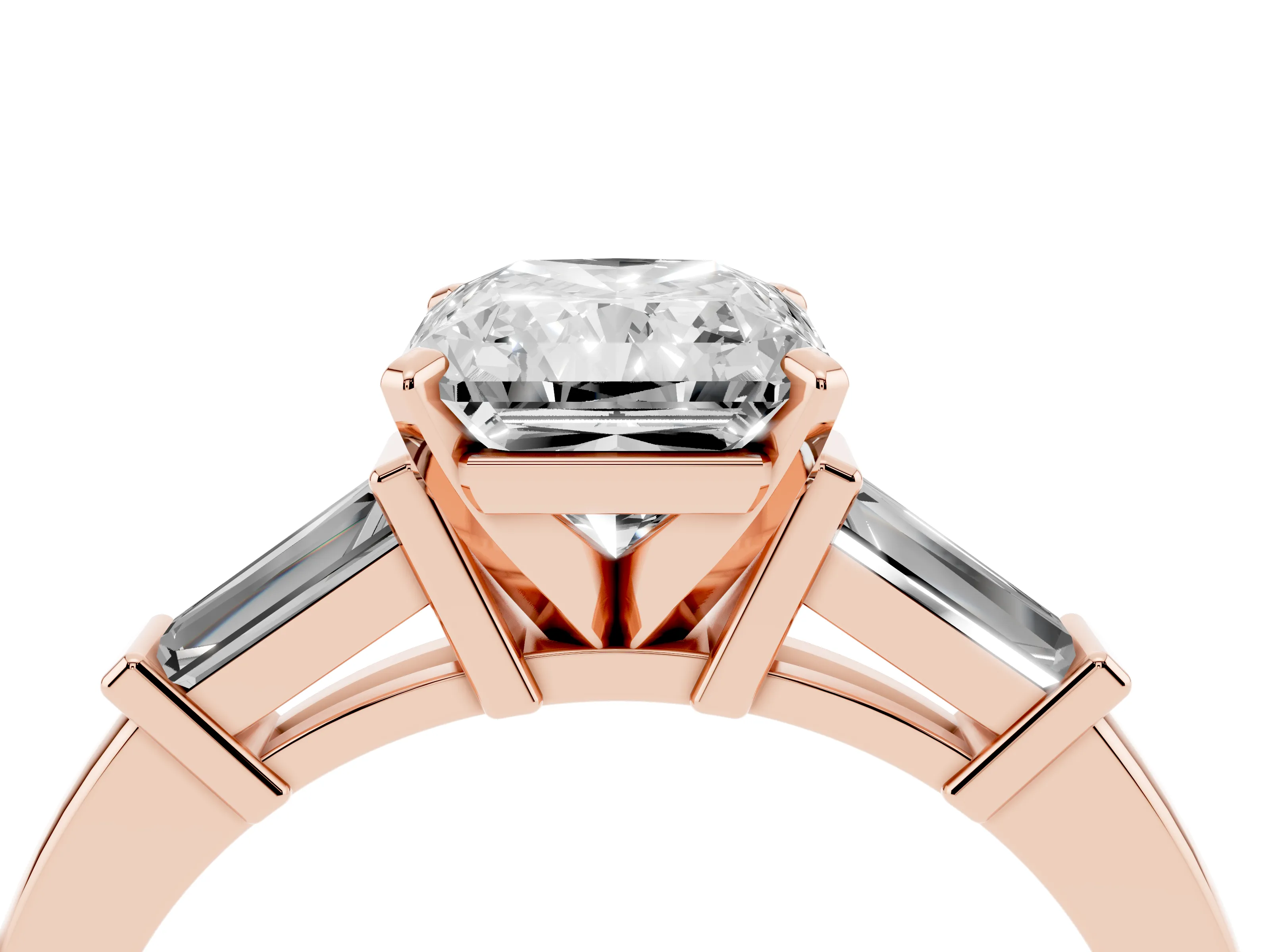 Radiant Cut Diamond Solitaire Ring Set in Rose gold with Tapered Baguette Accents and Prong Setting