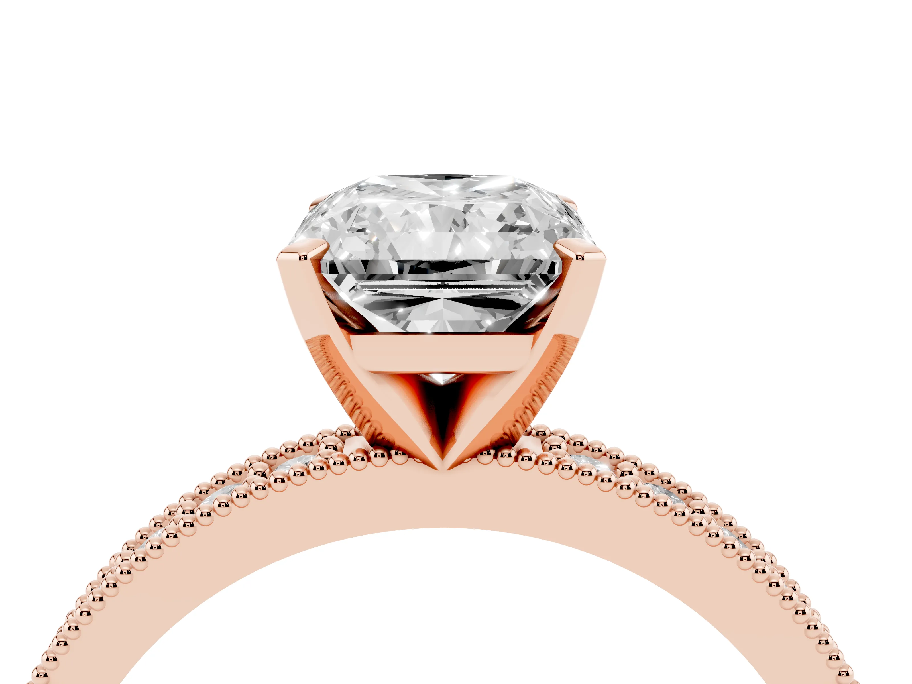 Radiant Cut Diamond Milgrain Pavé Engagement Ring Set in Rose gold with Prong Setting