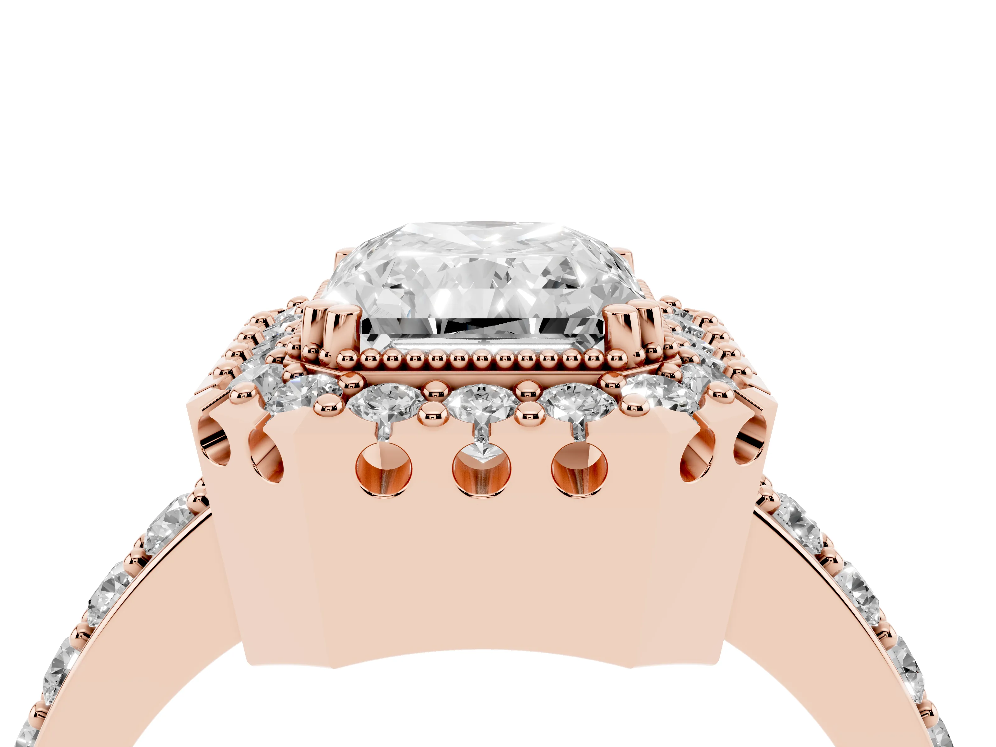 Radiant Cut Diamond Halo Ring Set in Rose gold with Pavé Shank and Prong Setting