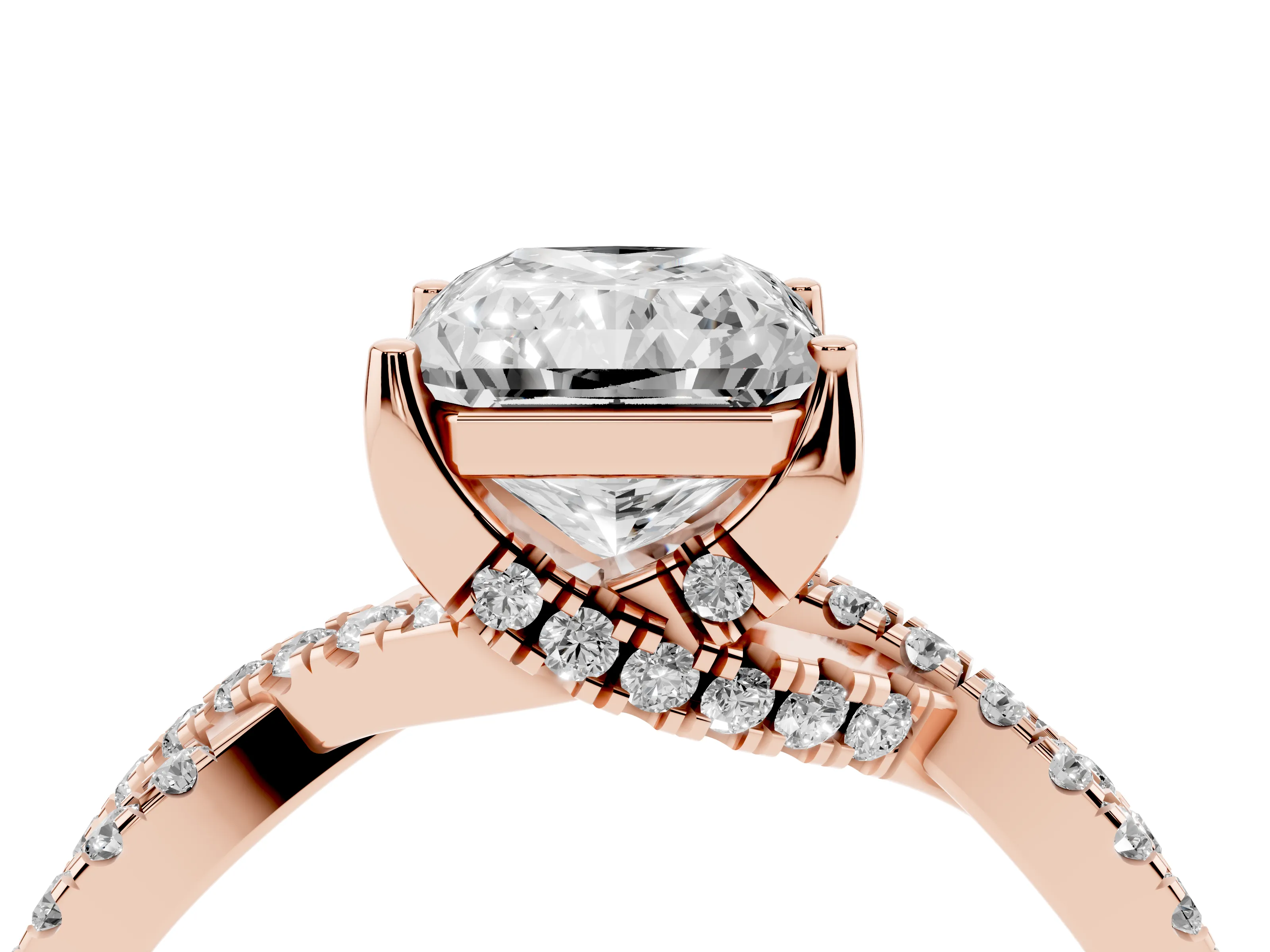 Radiant Cut Diamond Twist Pavé Solitaire Engagement Ring Set in Rose gold with Prong Setting