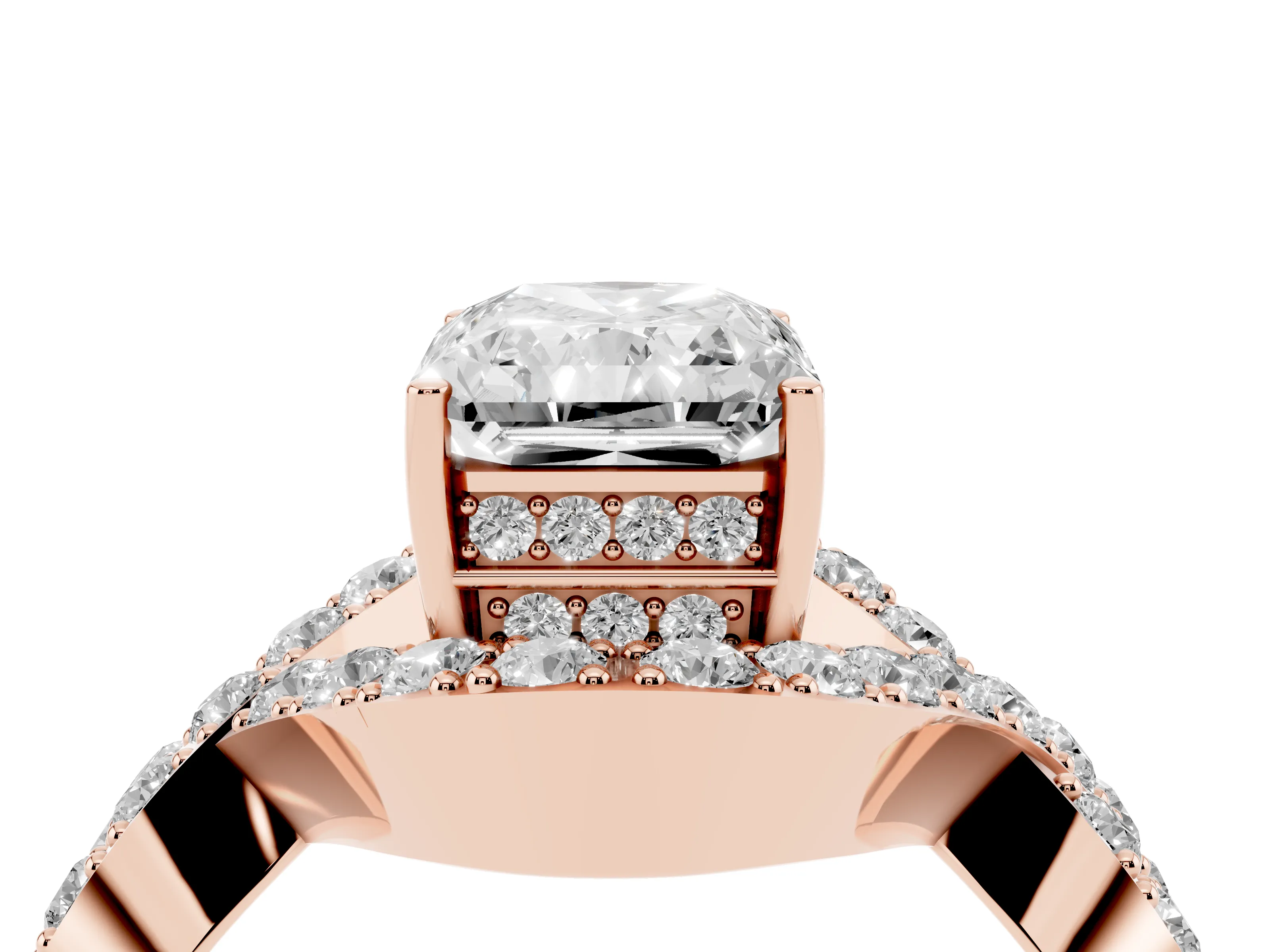Radiant Cut Diamond Solitaire Twist Band Pavé Engagement Ring Set in Rose gold