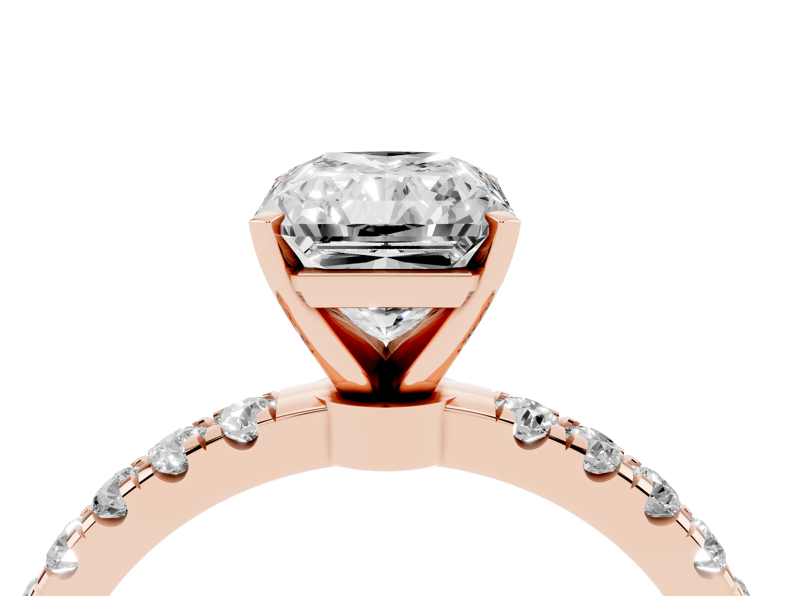 Radiant Cut Diamond Solitaire Ring Set in Rose gold with Pavé Accents and Prong Setting