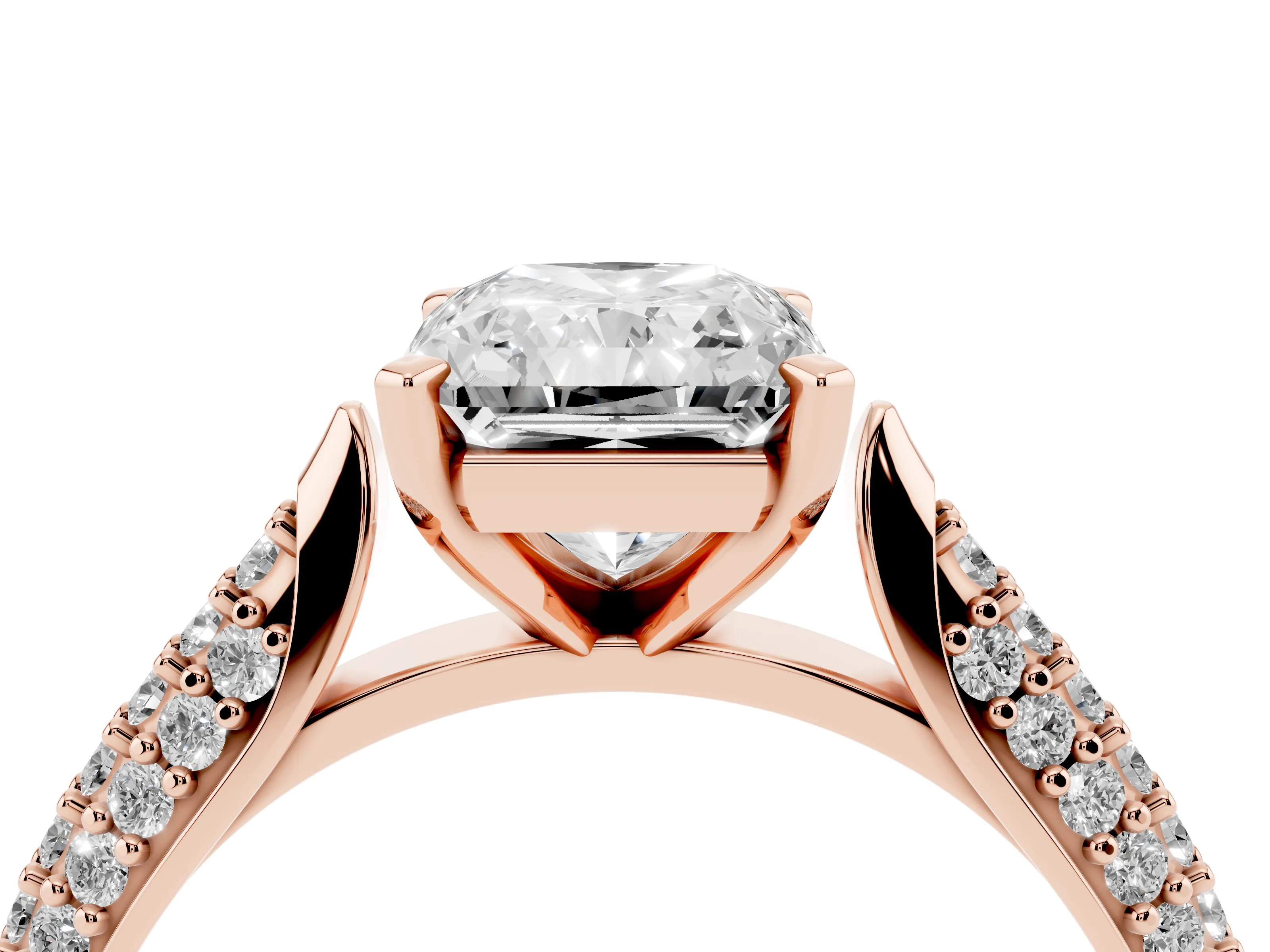 Radiant Cut Diamond Solitaire Engagement Ring Set in Rose gold with Multi-Row Round Pavé Band and Prong Setting