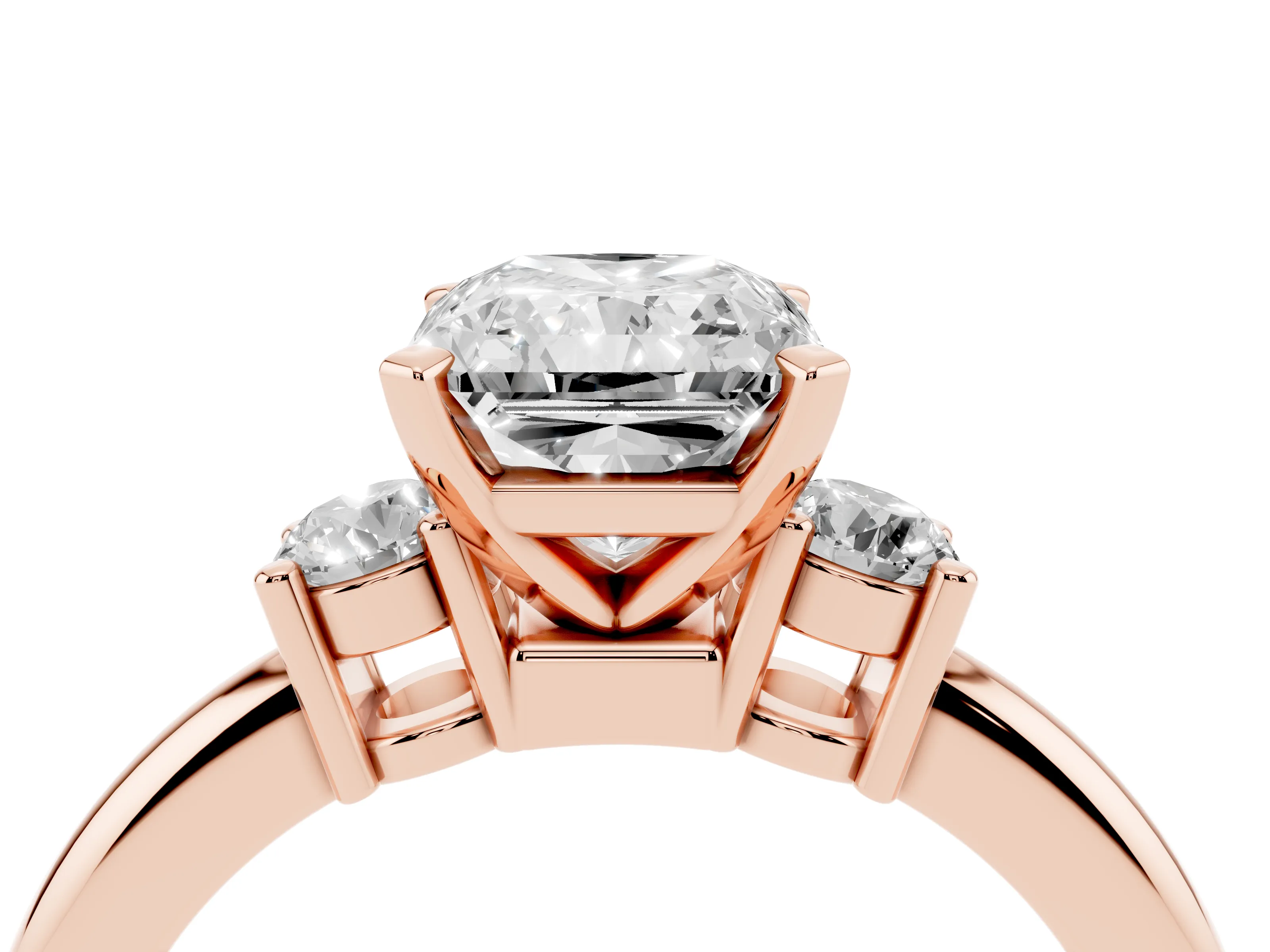 Three-Stone Radiant Cut Diamond Ring Set in Rose gold with Prong Setting and Plain Band