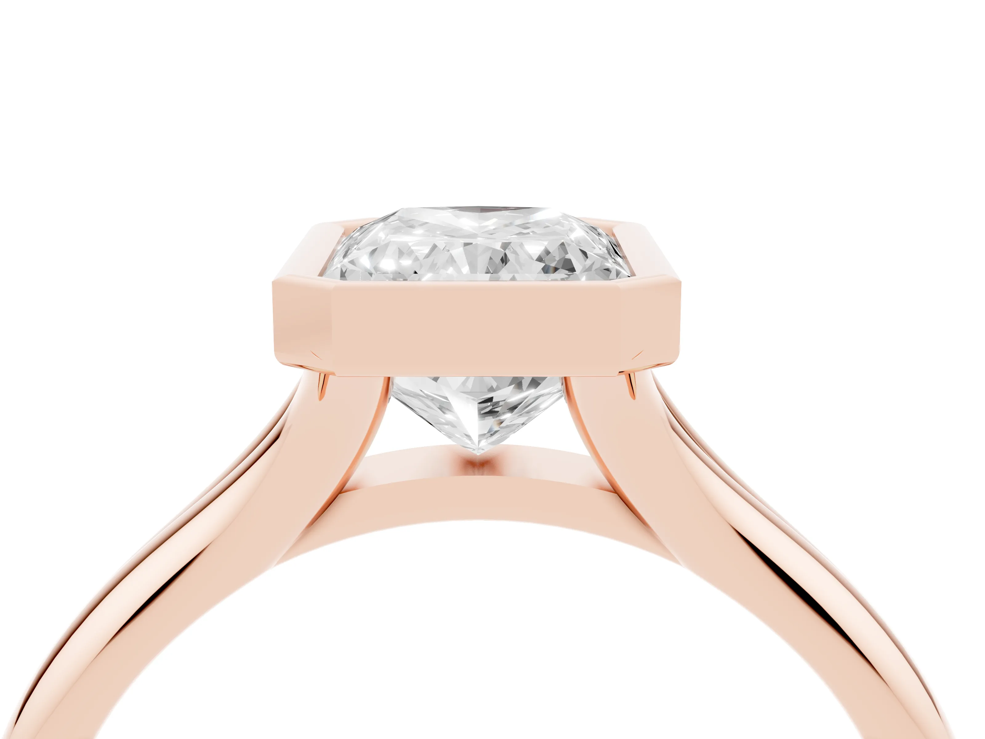 Bezel Set Radiant Cut Diamond Solitaire Ring Set in Rose gold with Smooth Band