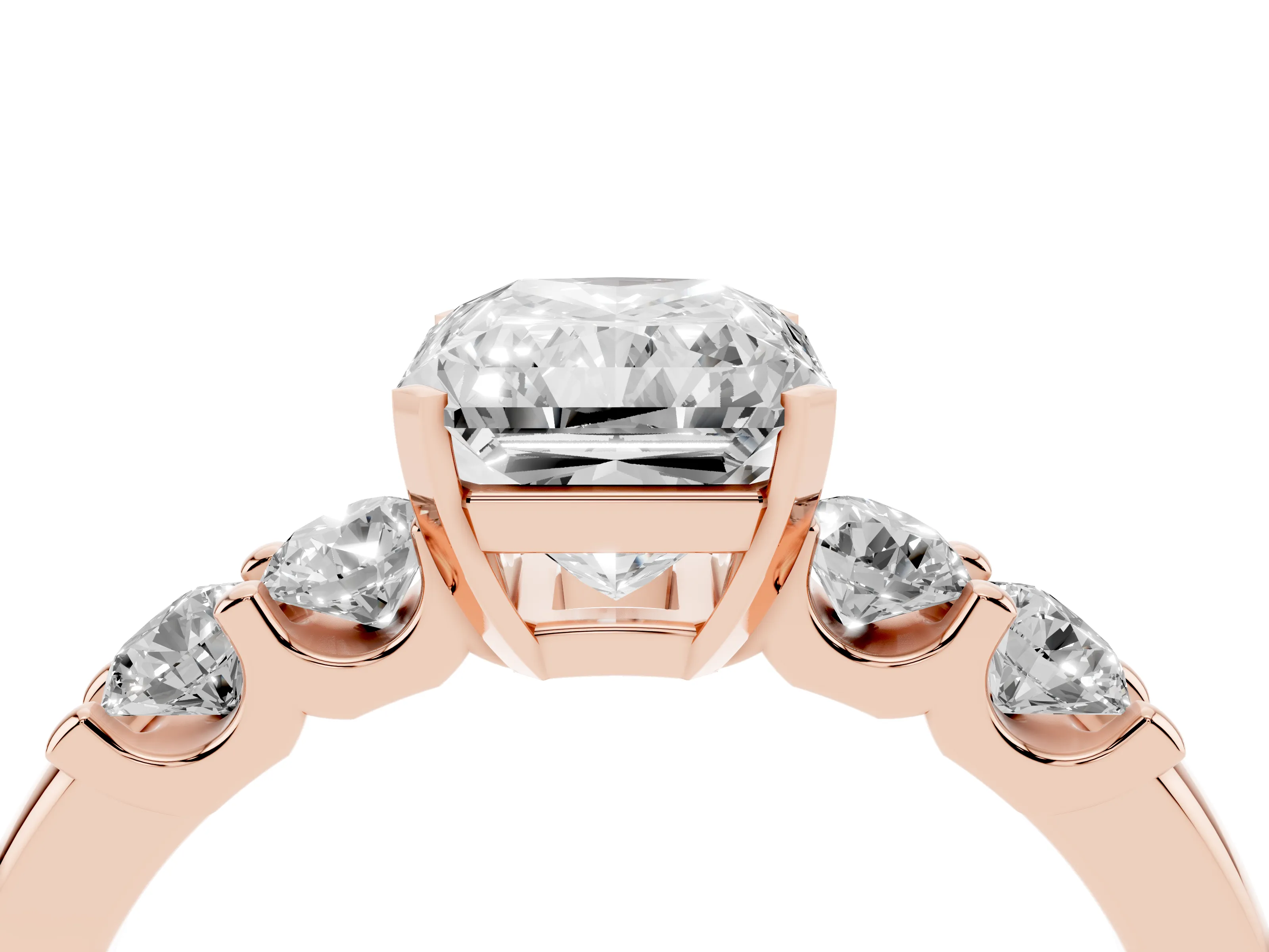 Radiant Cut Diamond Five-Stone Prong Set Engagement Ring Set in Rose gold with Channel Band