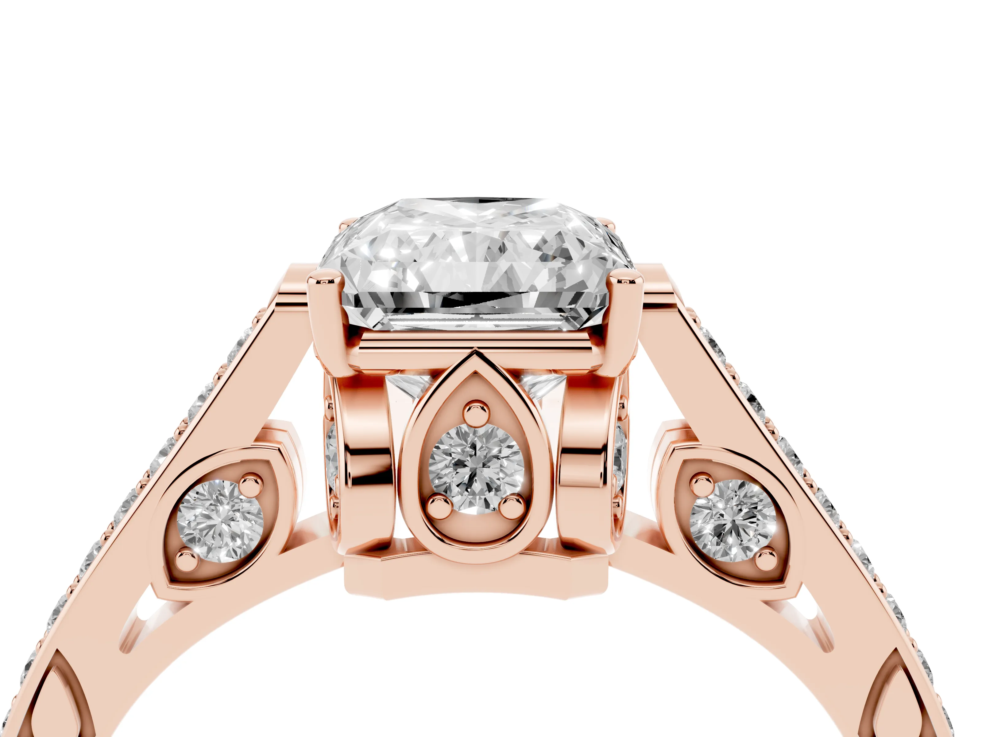 Radiant Cut Diamond Cathedral Pavé Engagement Ring Set in Rose gold with Prong Setting