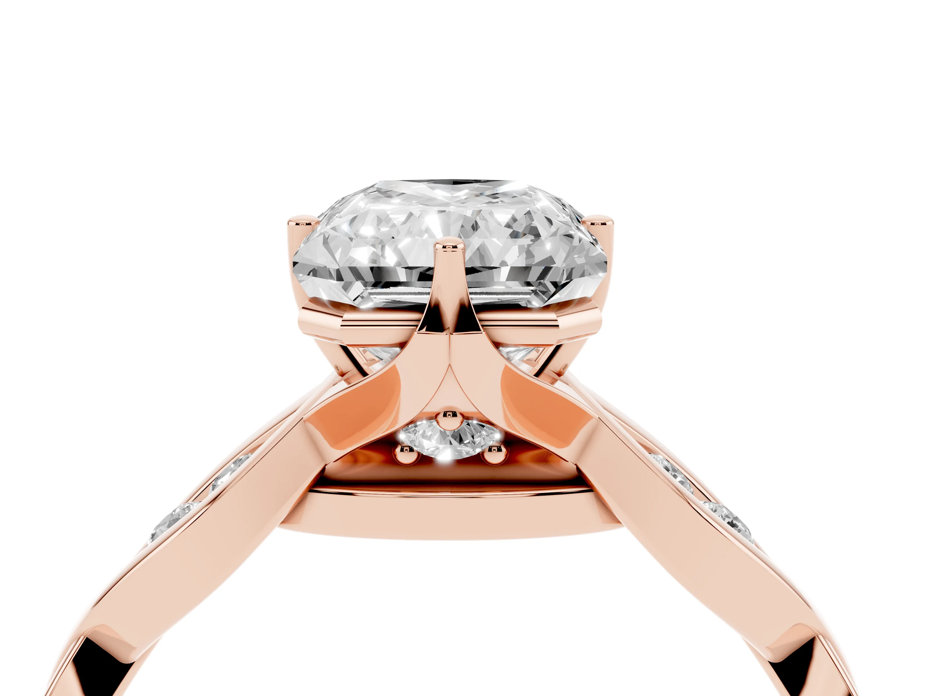 Radiant Cut Diamond Twist Band Solitaire Ring Set in Rose gold with Leaf Prong Setting and Accent Stones