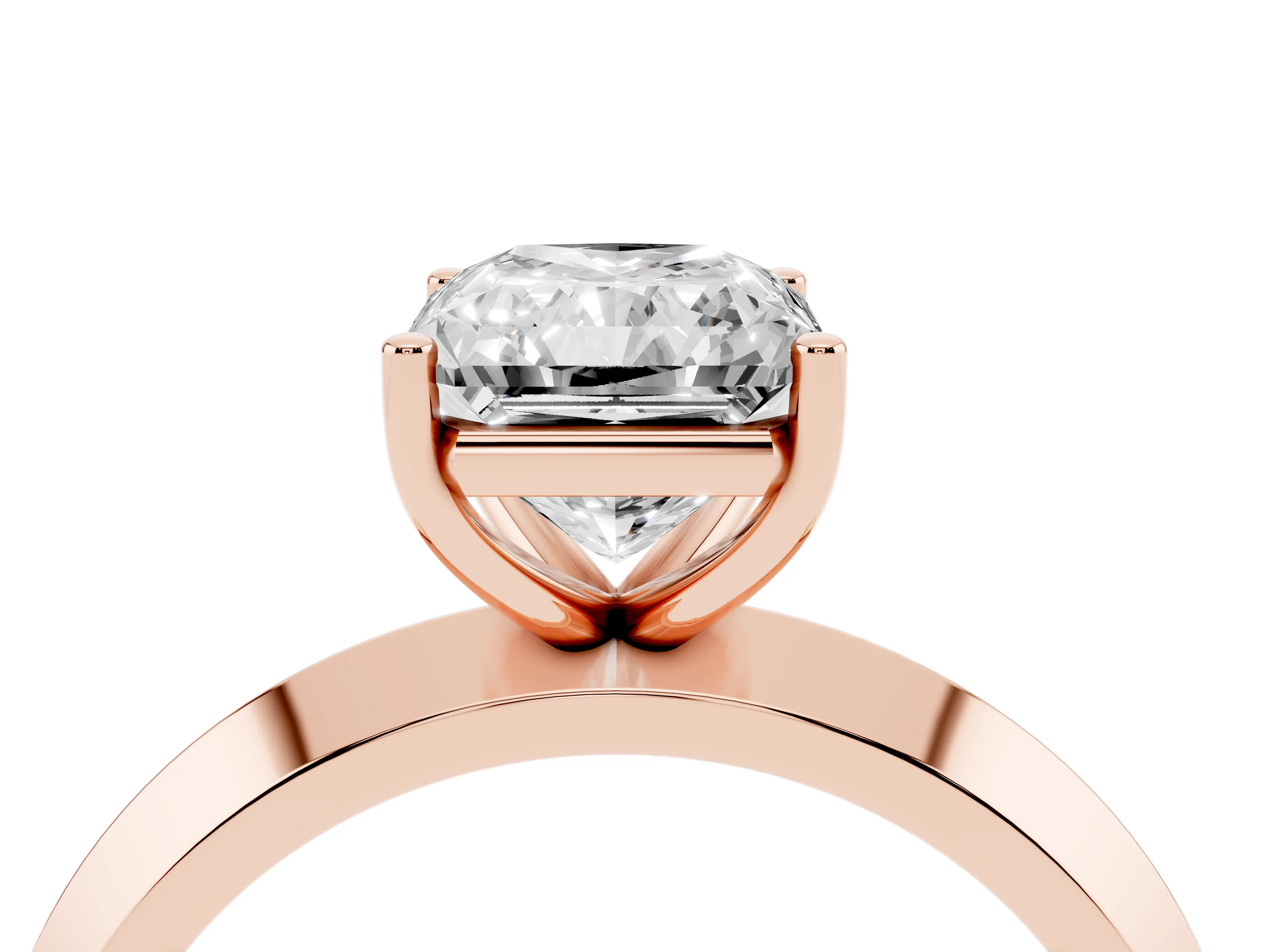Radiant Cut Diamond Solitaire Engagement Ring Set in Rose gold with Flat Band and Prong Setting