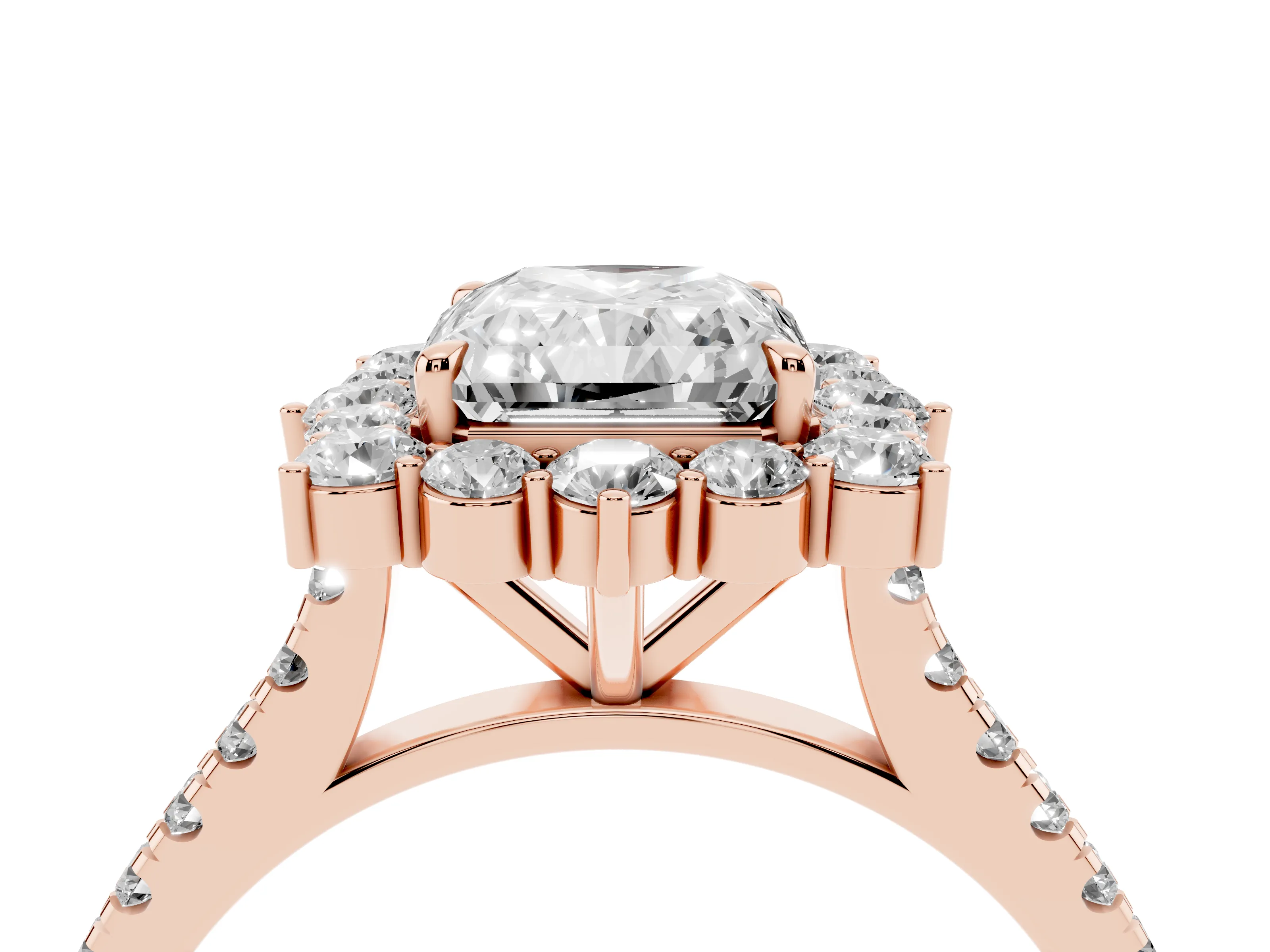 Radiant Cut Diamond Halo Ring Set in Rose gold with Pavé Band and Prong Setting