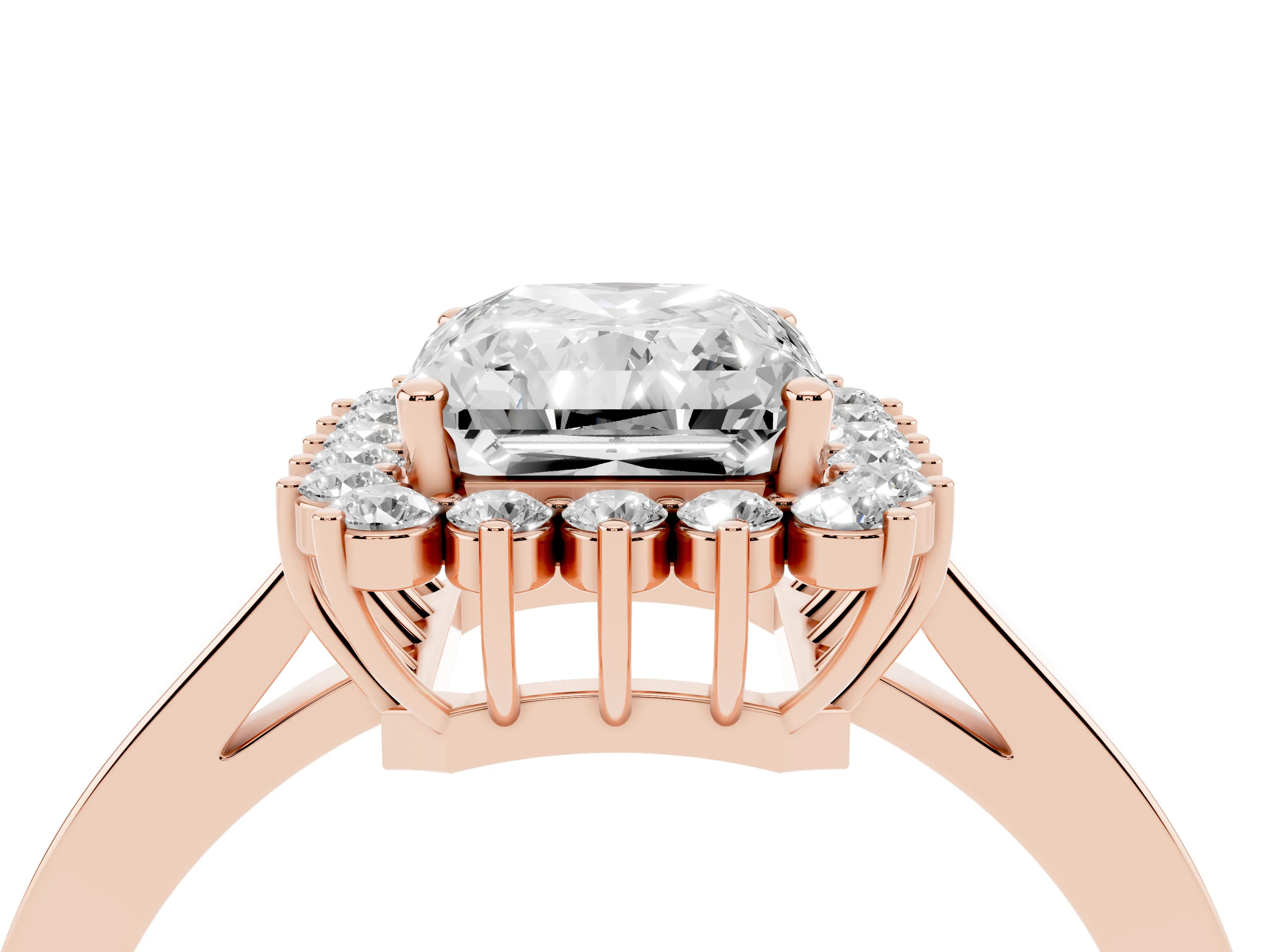 Radiant Cut Diamond Halo Ring Set in Rose gold with Round Halo and Smooth Solitaire Band