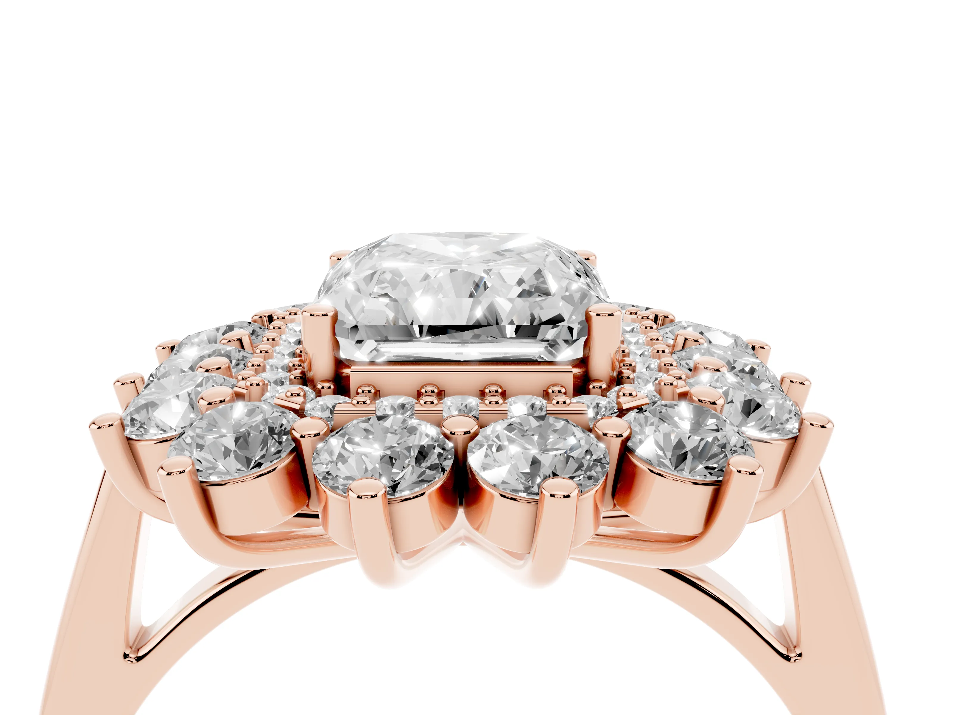 Radiant Cut Diamond Floral Double Halo Ring Set in Rose gold with Round Petals
