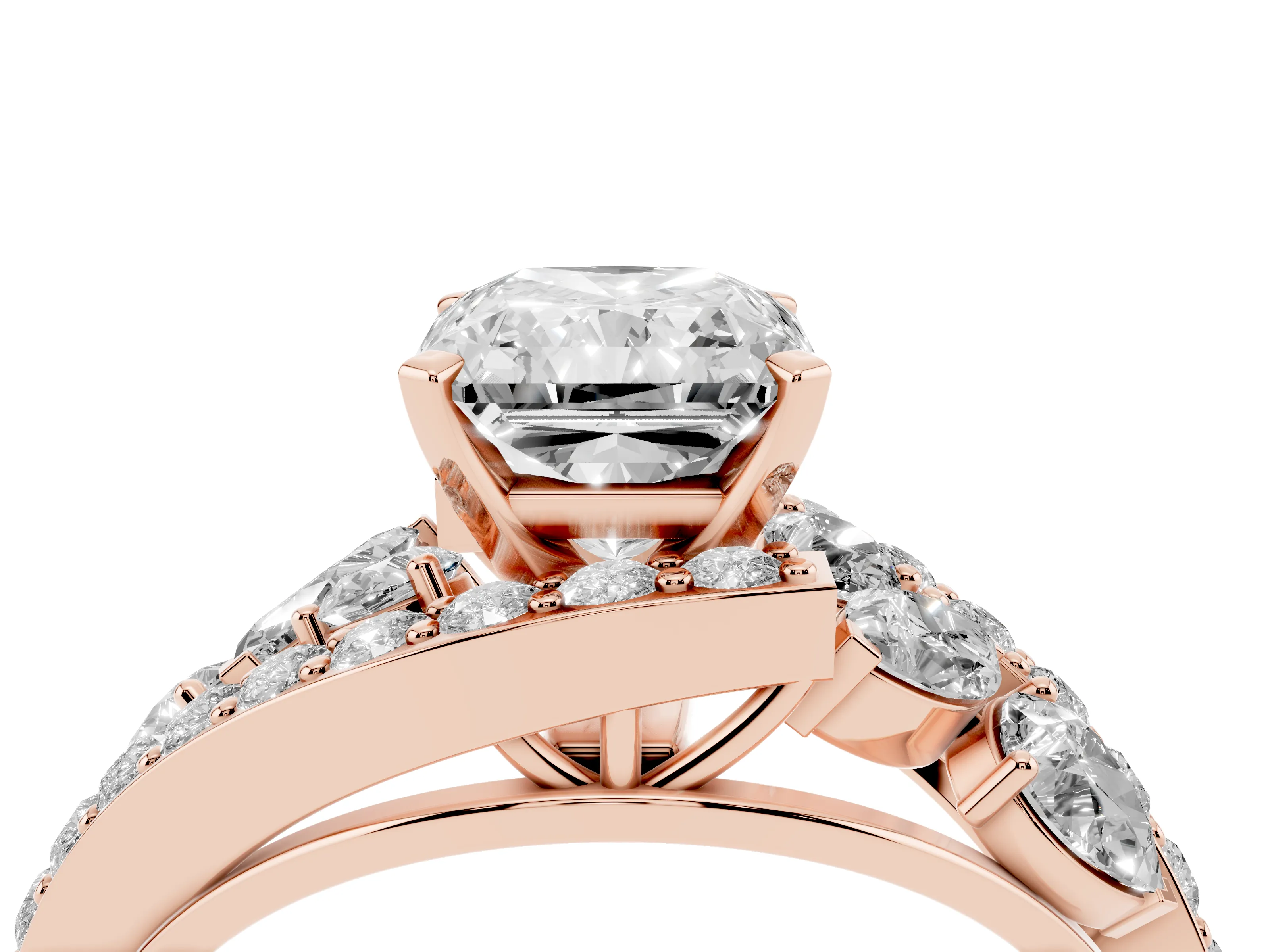 Radiant Cut Diamond Halo Ring Set in Rose gold with Marquise and Pavé Band in Prong Setting