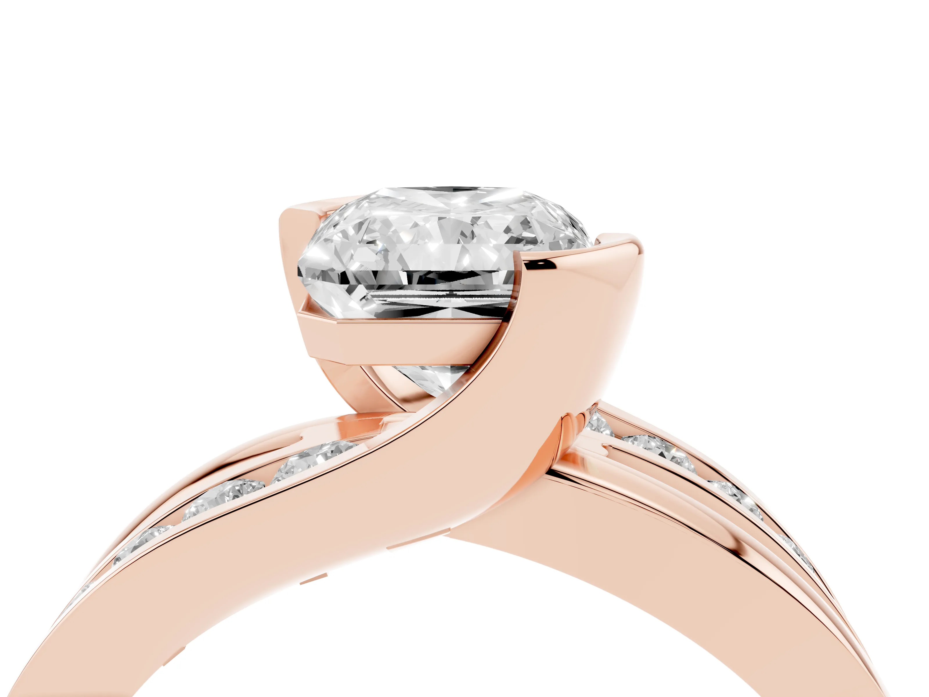 Radiant Cut Diamond Solitaire Ring Set in Rose gold with Channel Set Split Shank and Tension Prongs