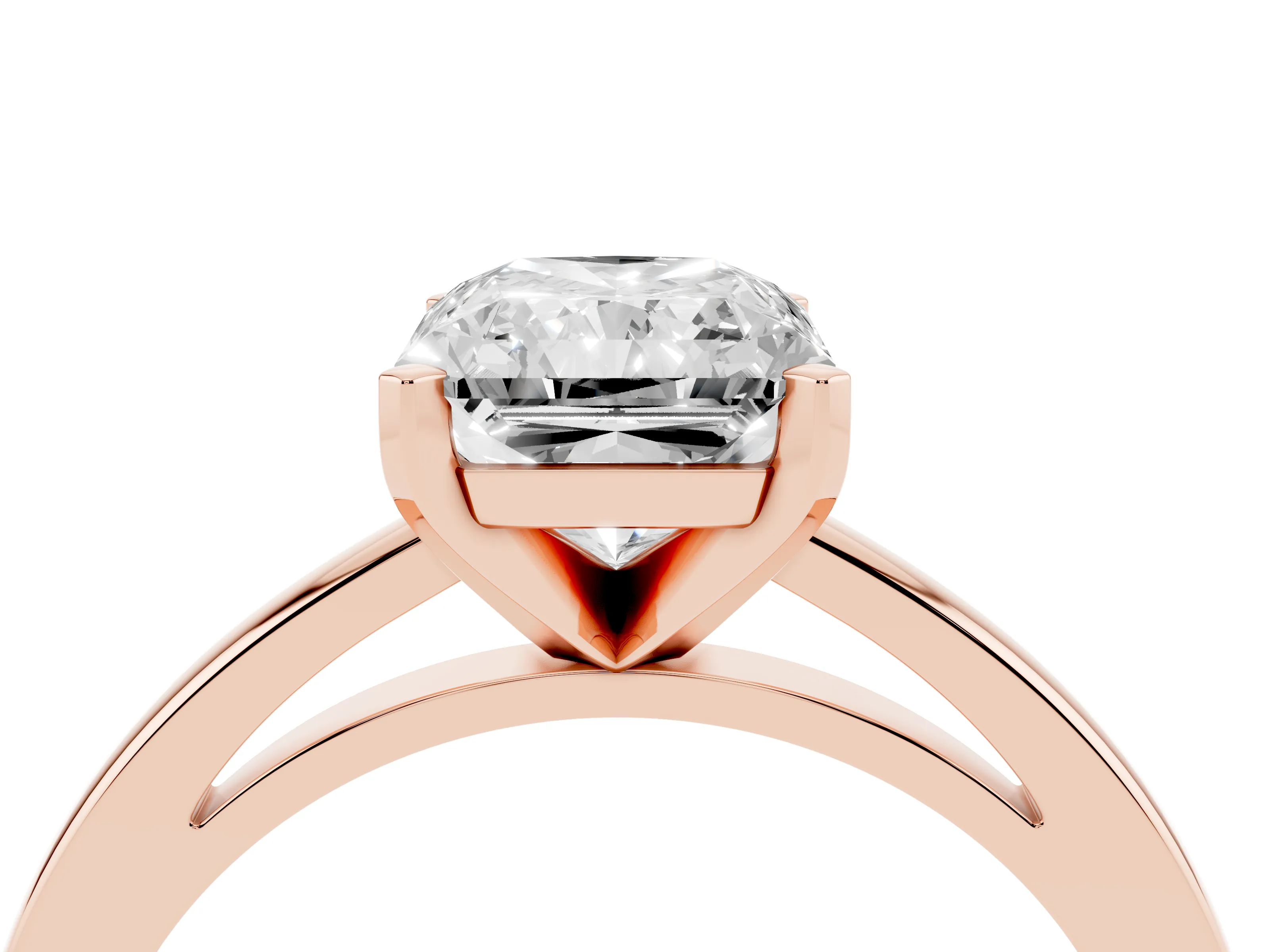 Radiant Cut Diamond Solitaire Engagement Ring Set in Rose gold with Prong Setting on a Classic Band
