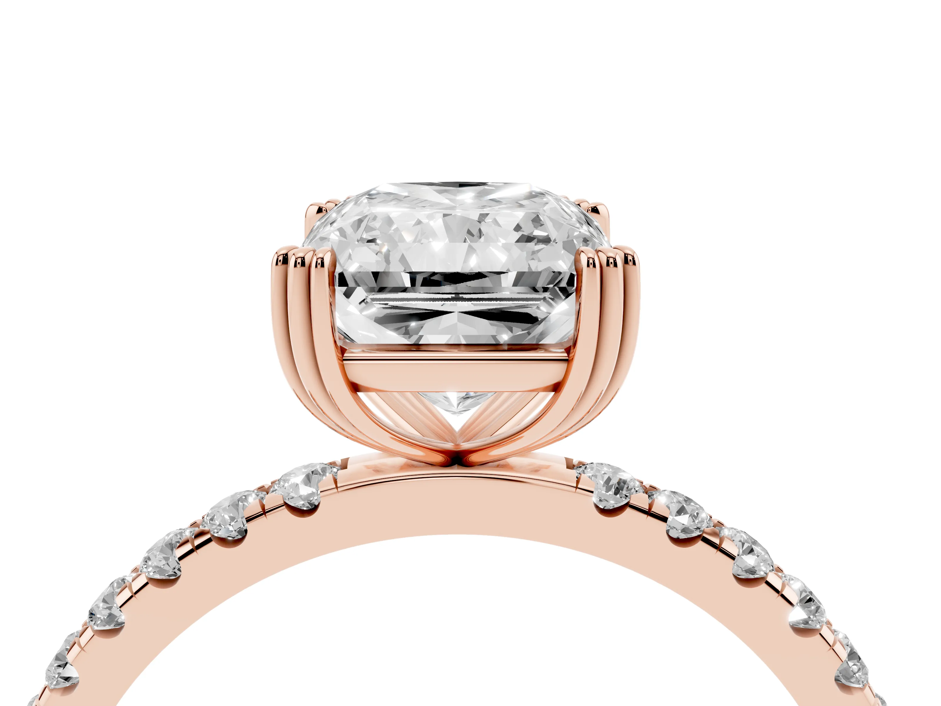 Radiant Cut Diamond Brilliant Solitaire Set in Rose gold with Pavé Band and Claw Prong Setting
