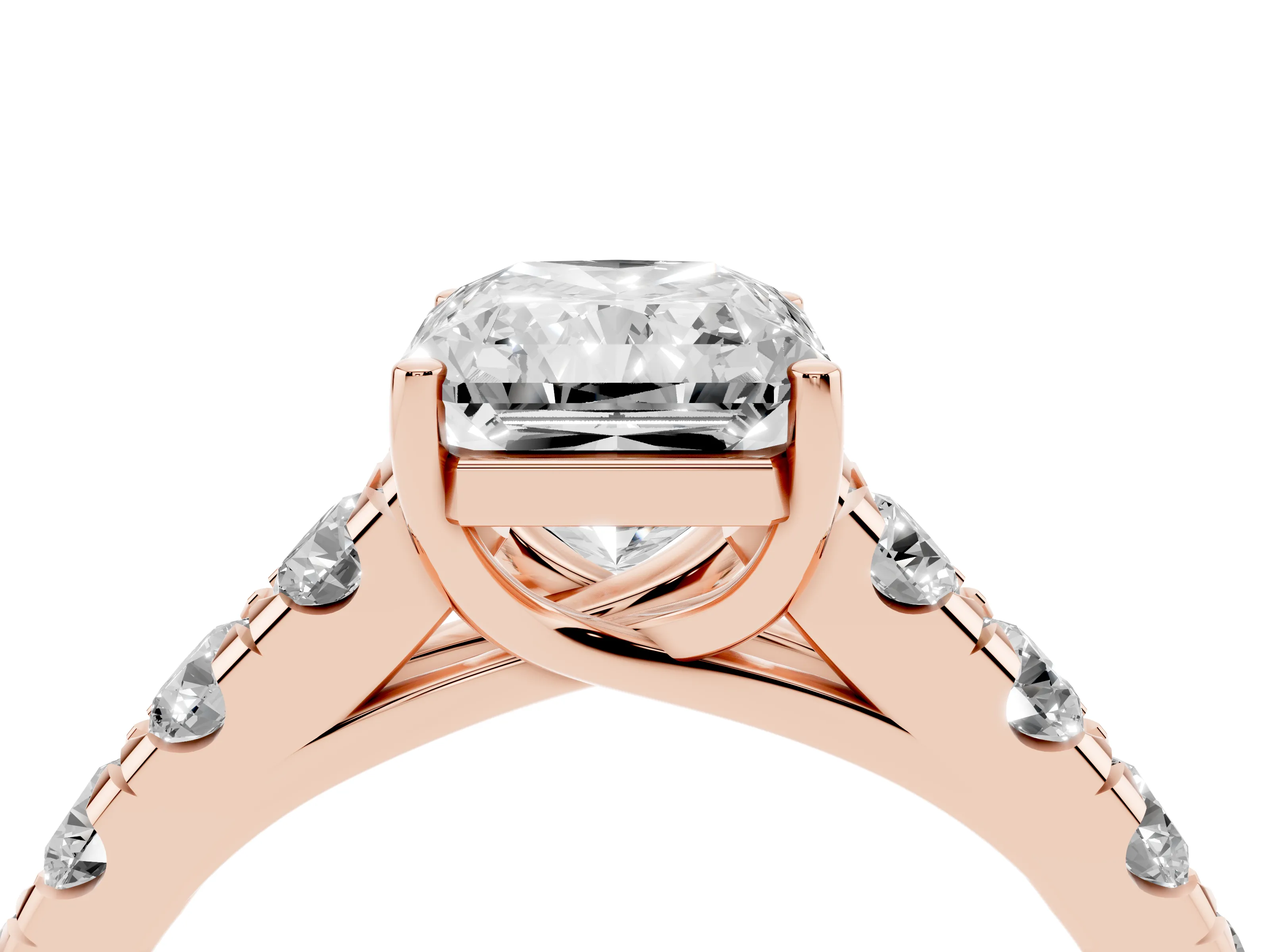 Radiant Cut Diamond Solitaire Ring Set in Rose gold with Cut-Down Micro Pavé Band and Prong Setting