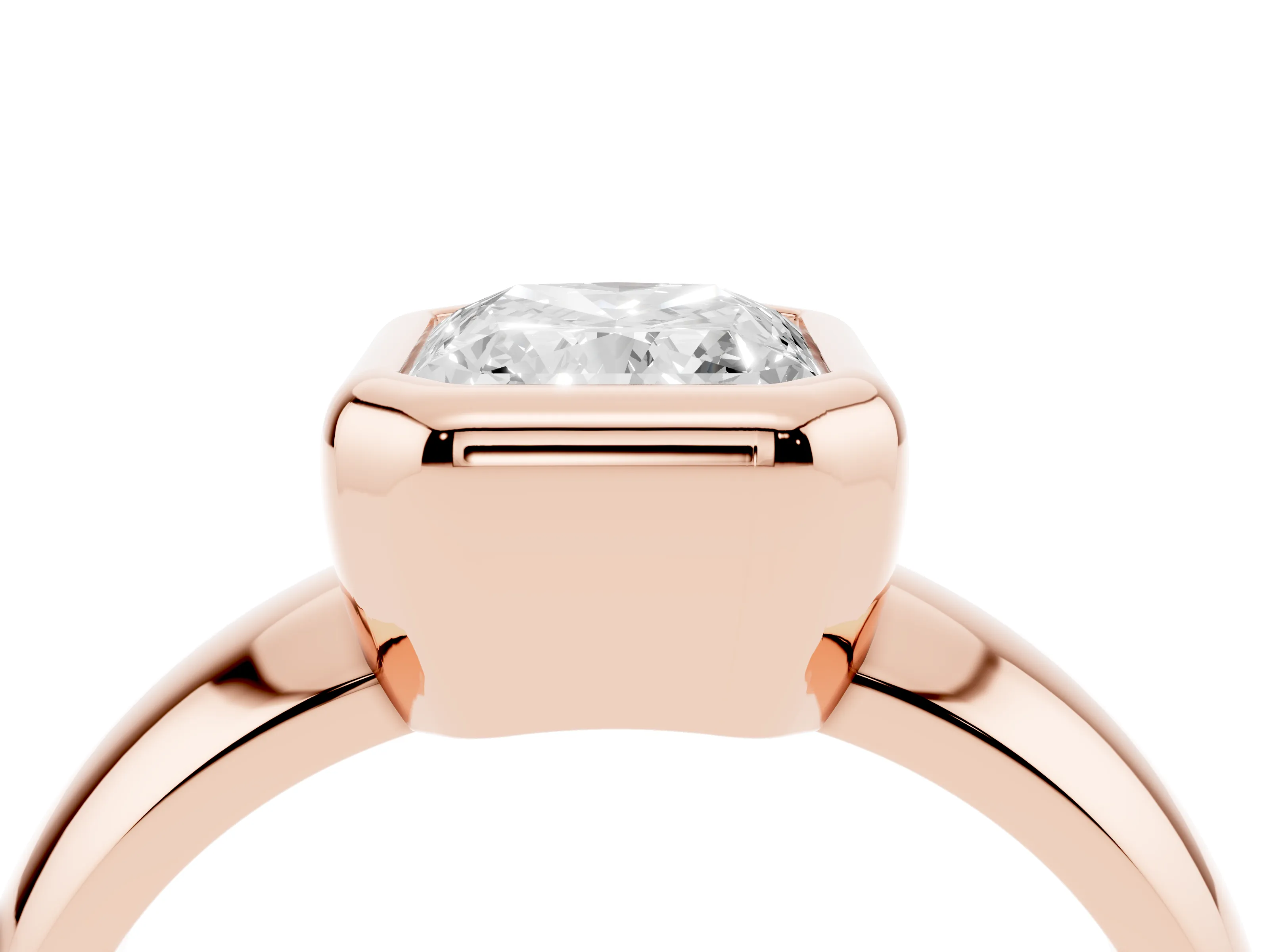 Bezel Set Radiant Cut Diamond Solitaire Ring Set in Rose gold with Wide Band