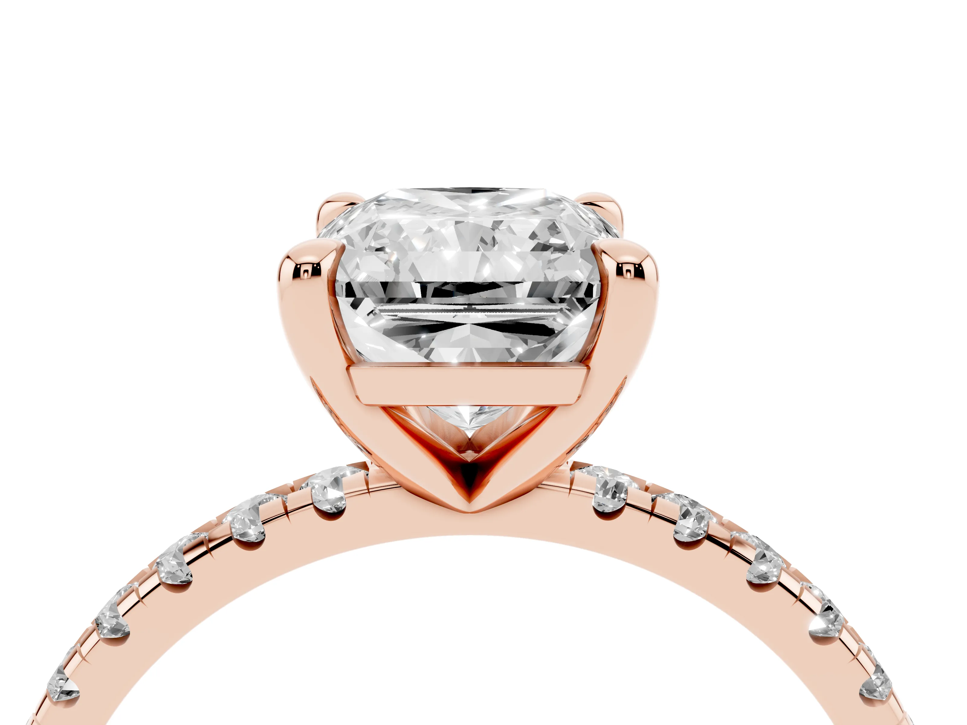 Radiant Cut Diamond Brilliant Solitaire Ring Set in Rose gold with Pavé Band and Prong Setting