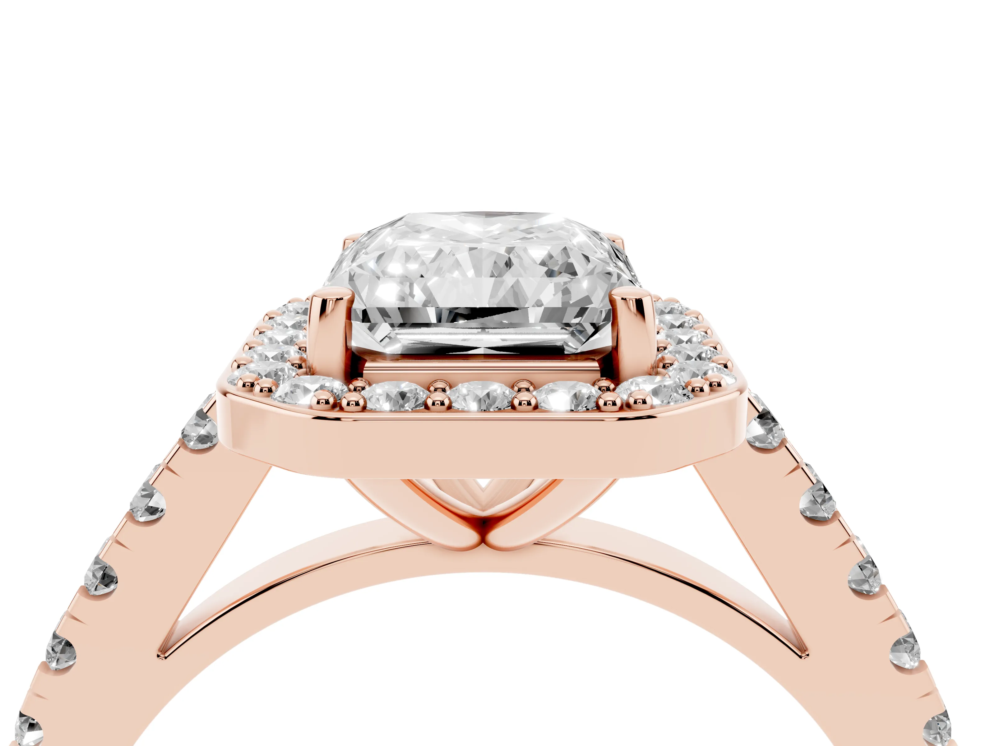 Radiant Cut Diamond Halo Ring Set in Rose gold with Round Pavé Split Shank and Prong Setting