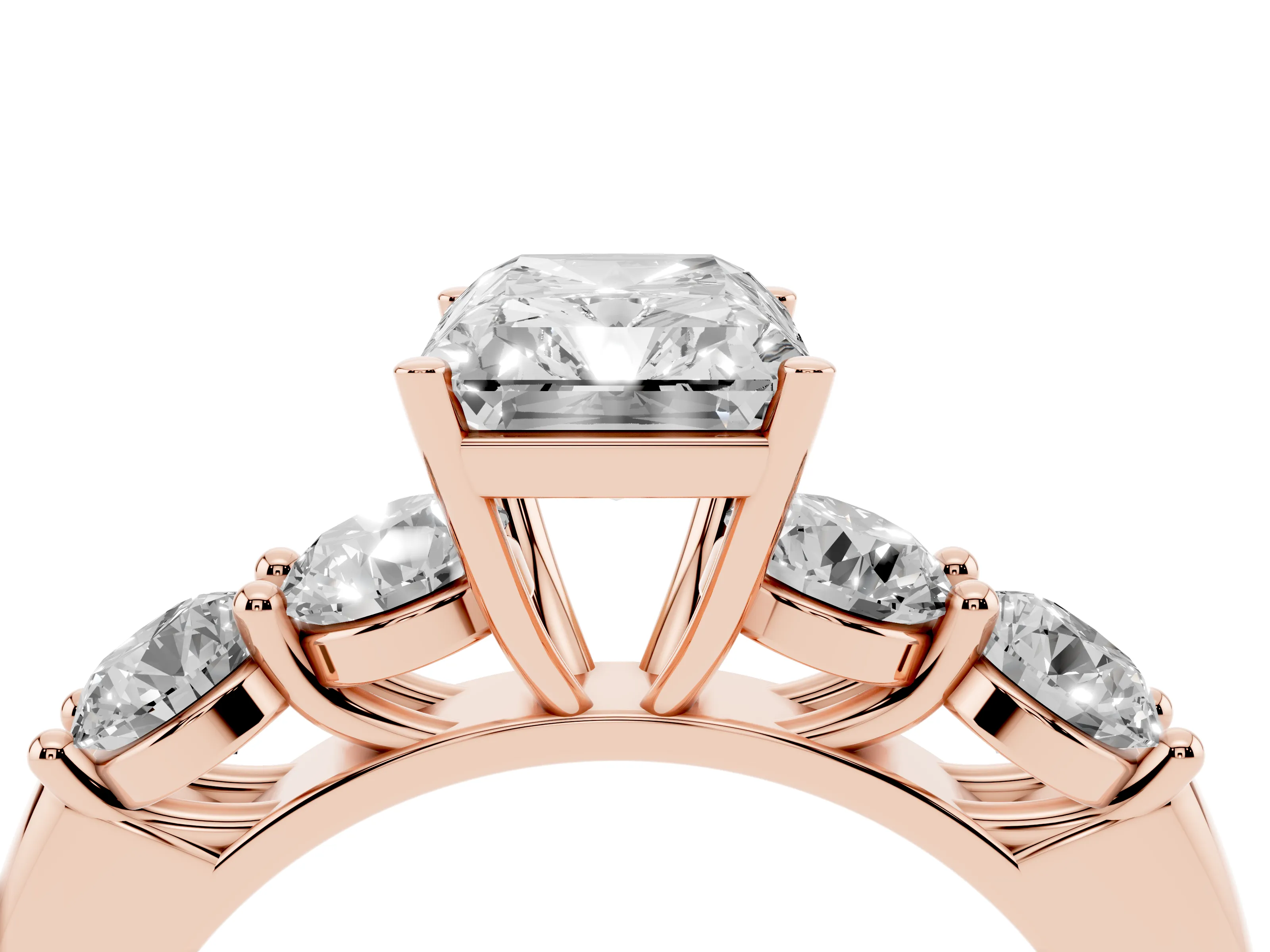 Radiant Cut Diamond Five-Stone Prong Set Ring Set in Rose gold with Classic Band