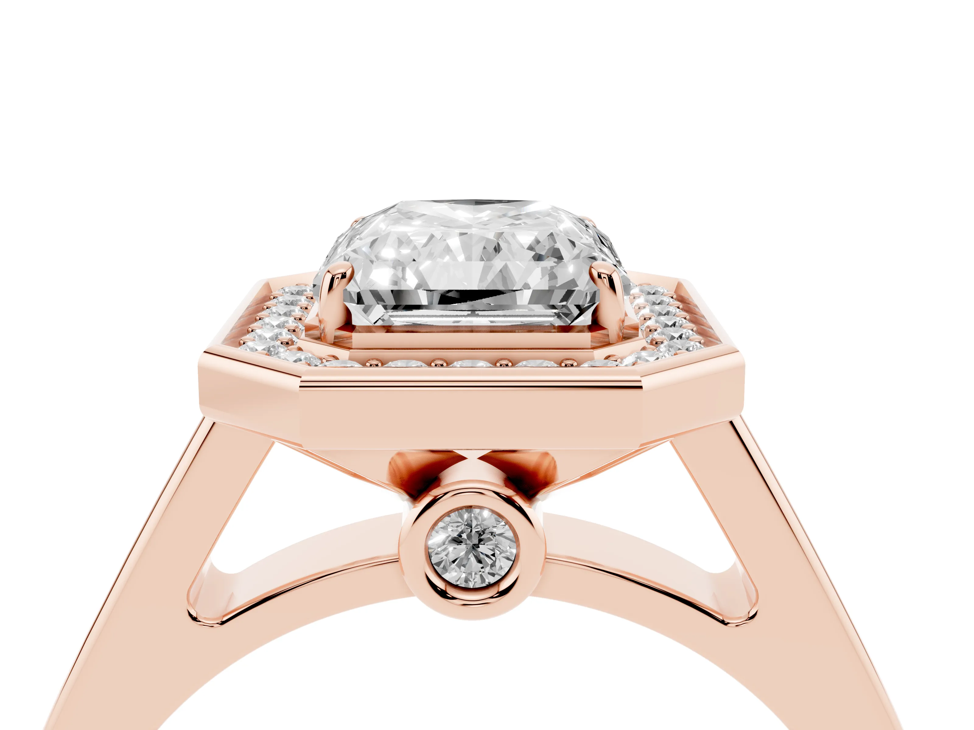 Radiant Cut Diamond Halo Solitaire Ring Set in Rose gold with Pavé Band and Bezel Setting