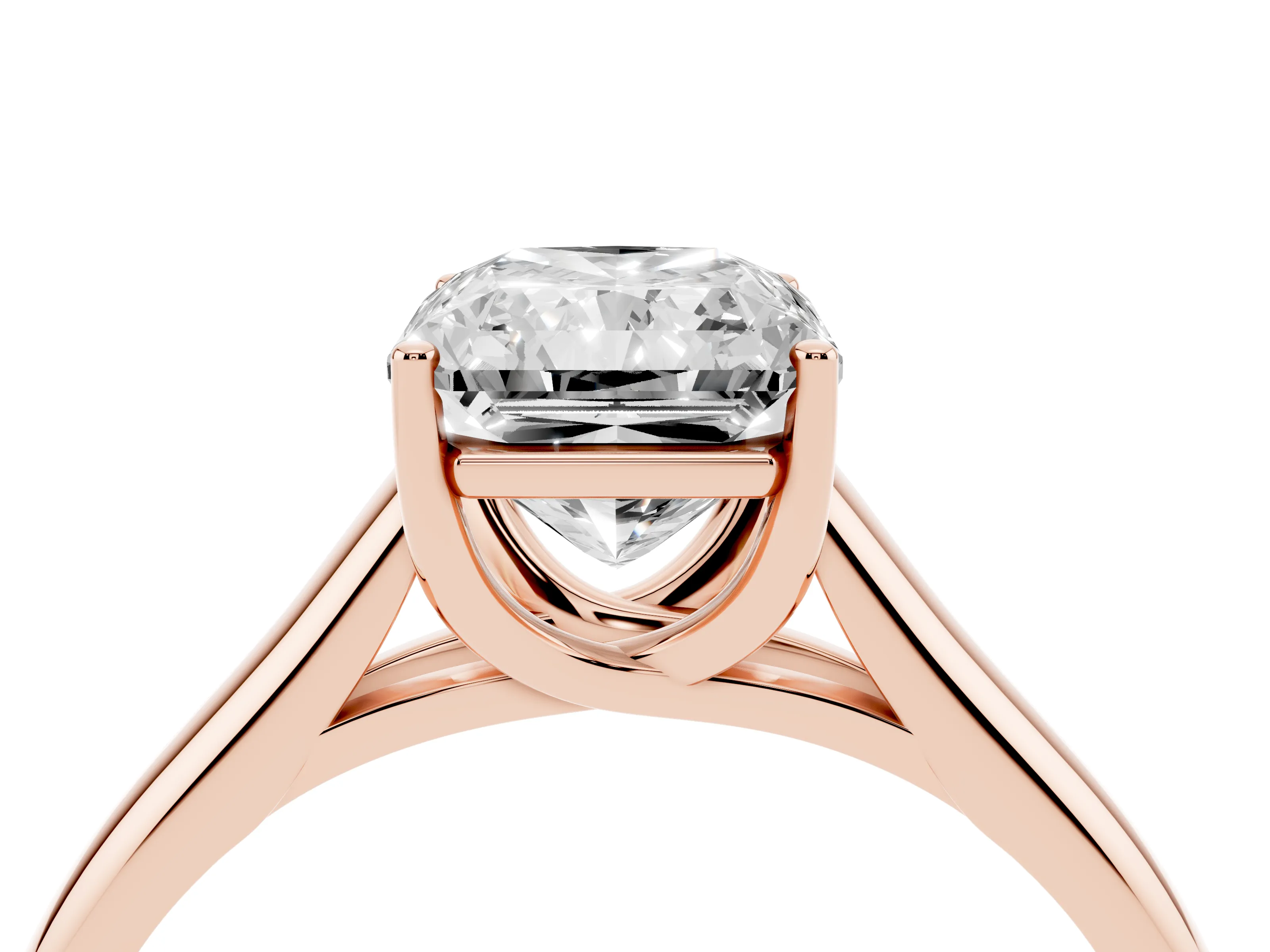 Radiant Cut Diamond Solitaire Engagement Ring Set in Rose gold with Subtly Tapered Band and Prong Setting
